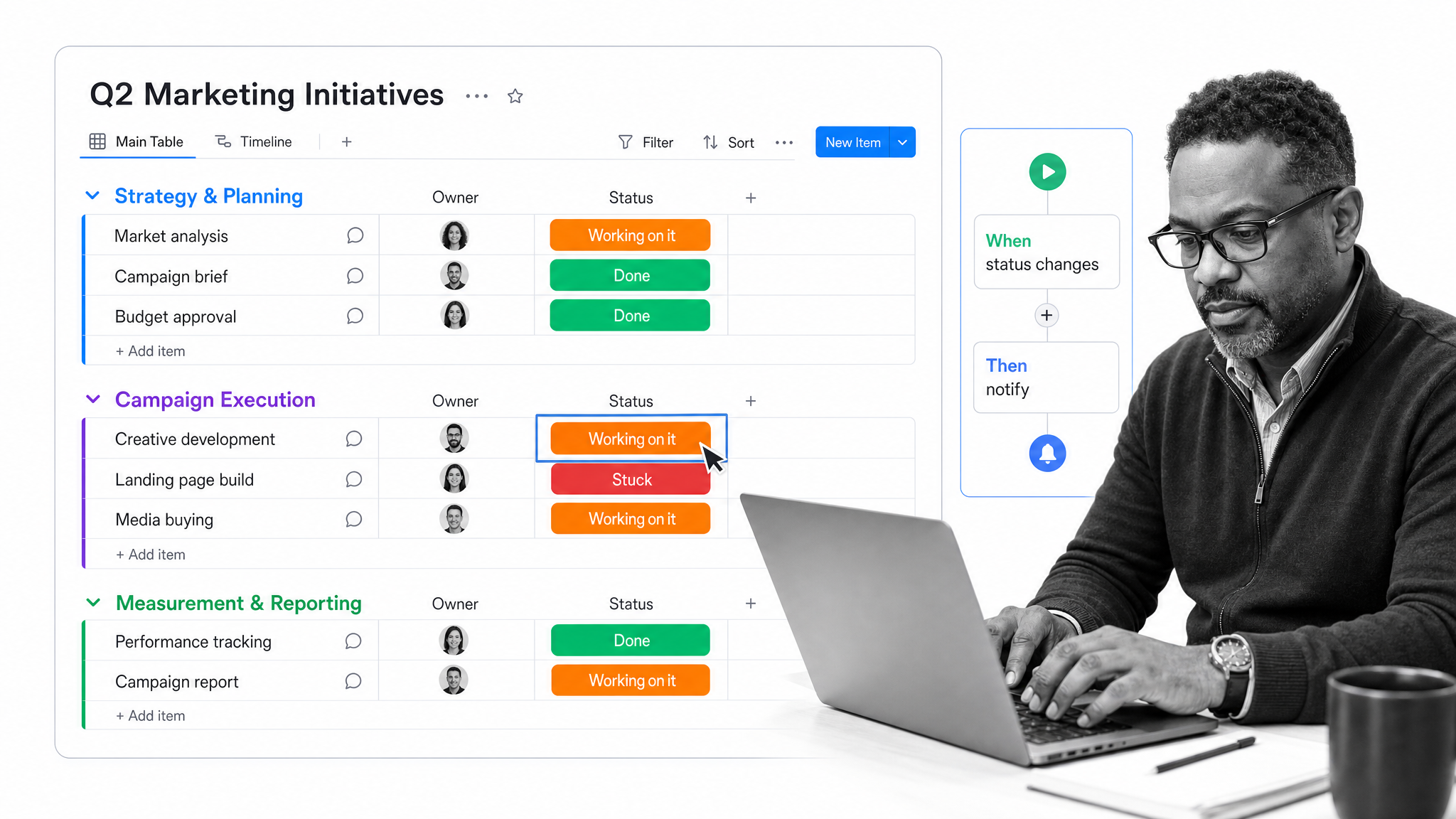monday.com board / table view interface used for process management