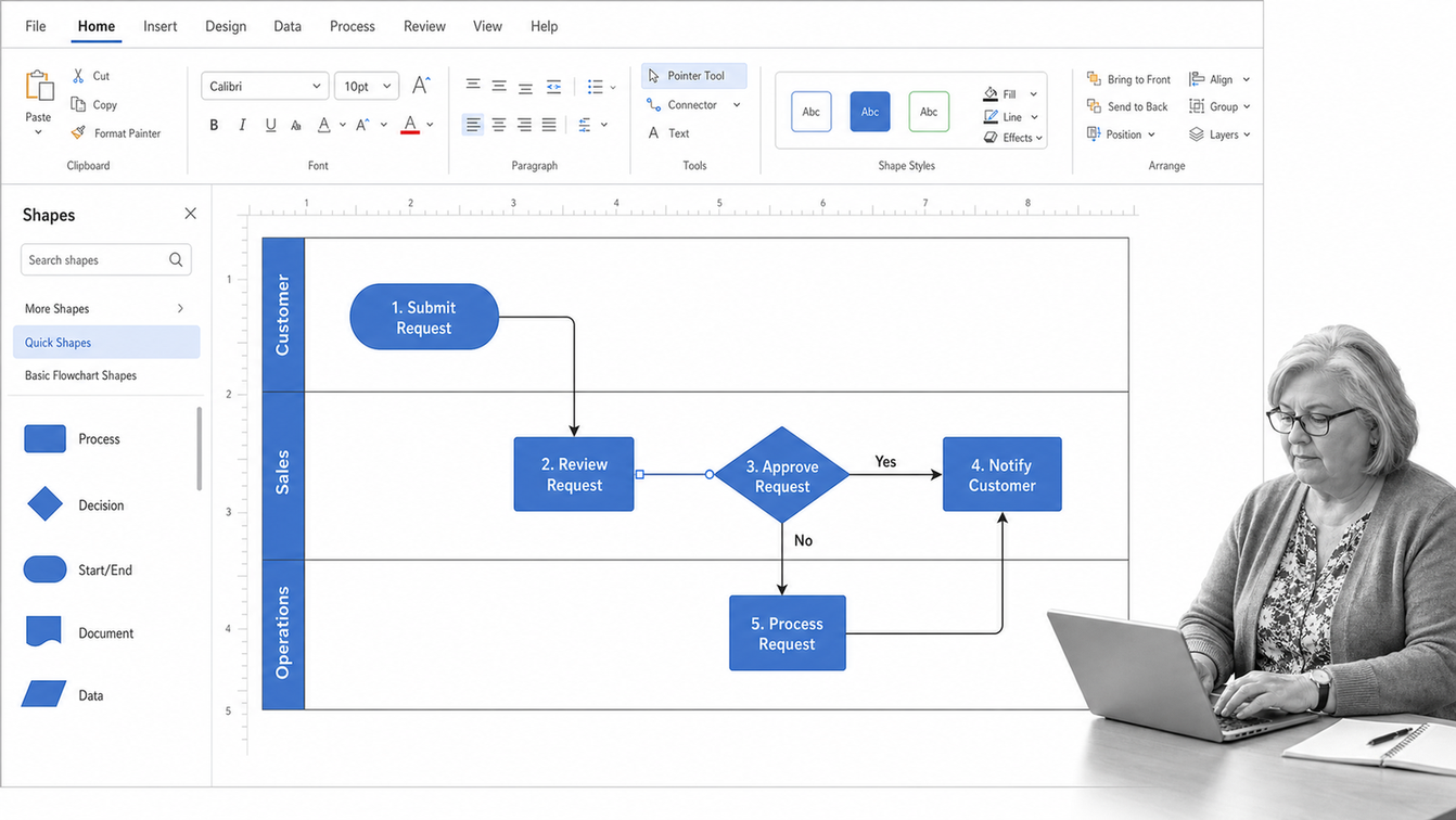 Microsoft Visio cross-functional flowchart with swimlanes, process shapes, and aligned connectors