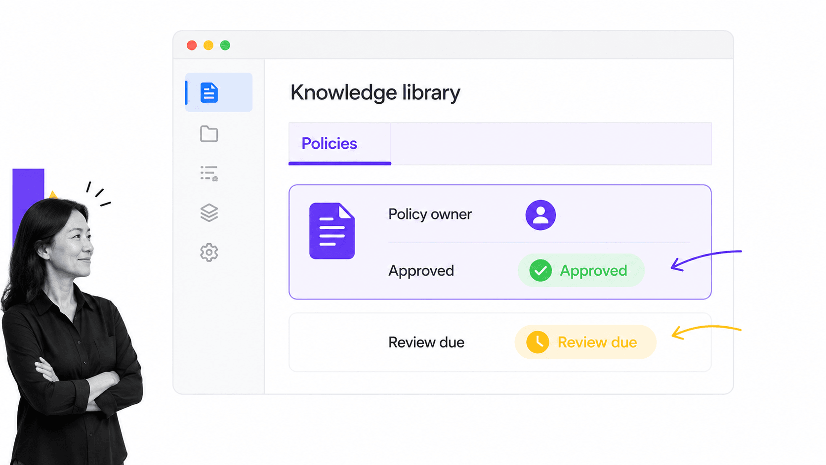 A governed document library with an approval status and a black-and-white policy owner