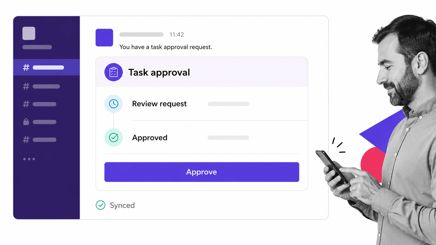 A task approval in a collaboration channel with a black-and-white operator at the edge
