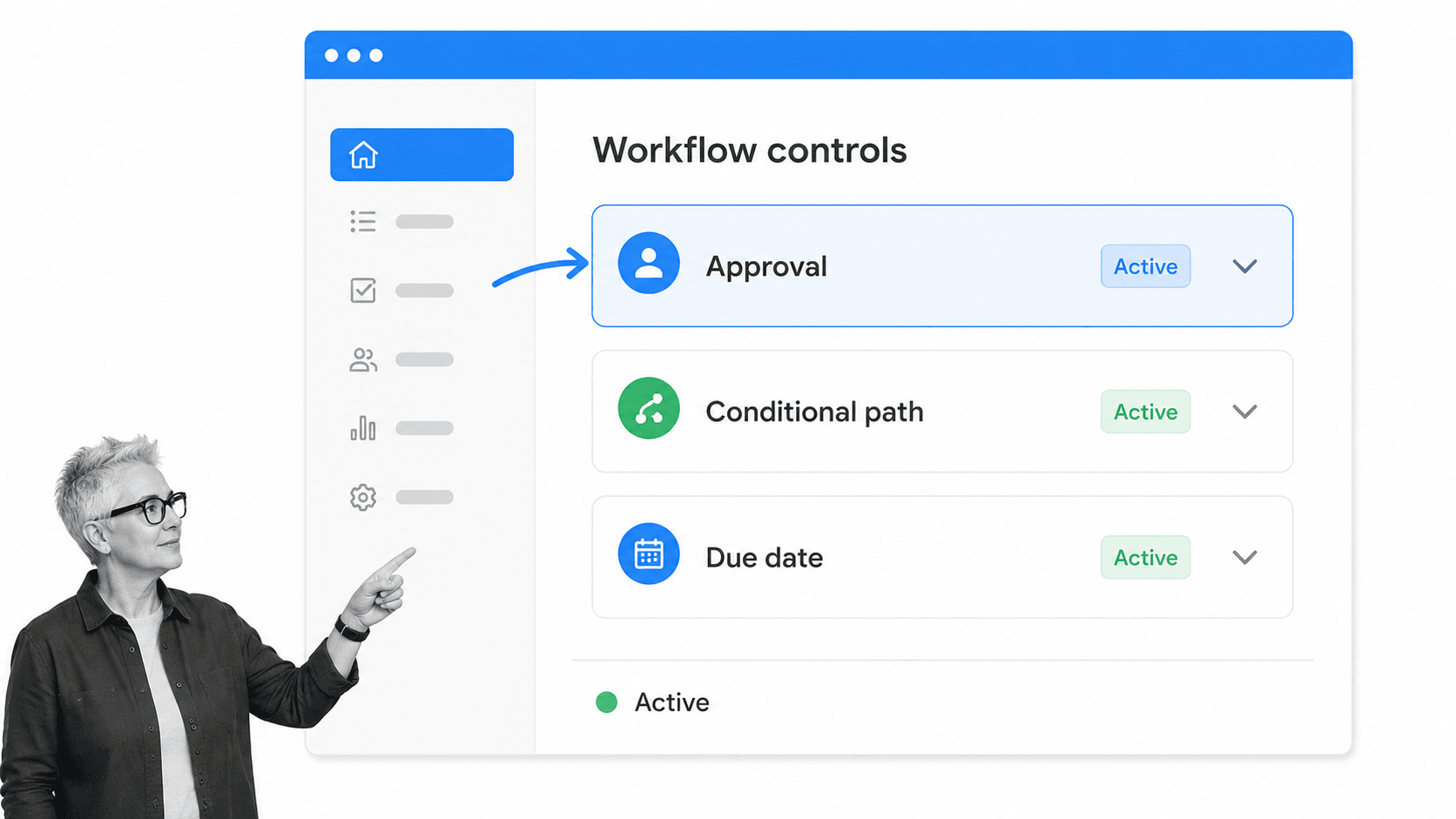 Workflow controls for approval, conditional paths, and due dates with a black-and-white operator