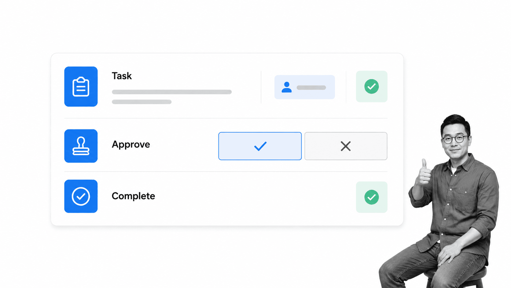 Task completion and approval actions in a clean workflow interface