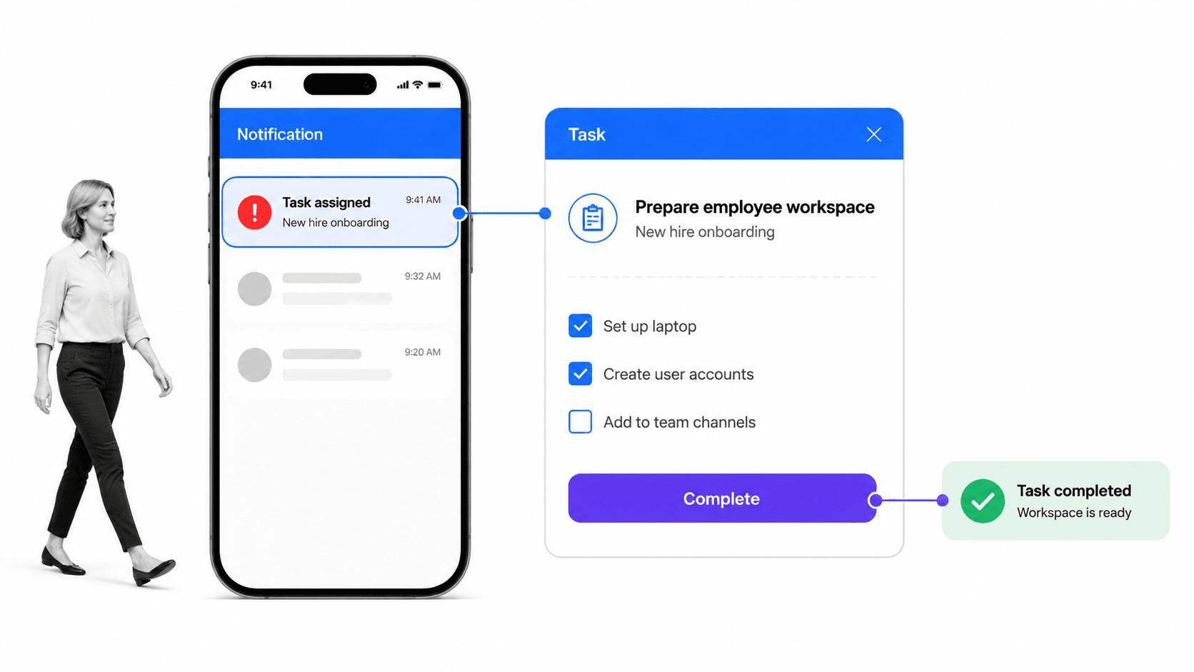 Mobile notification connected to a recurring employee onboarding task