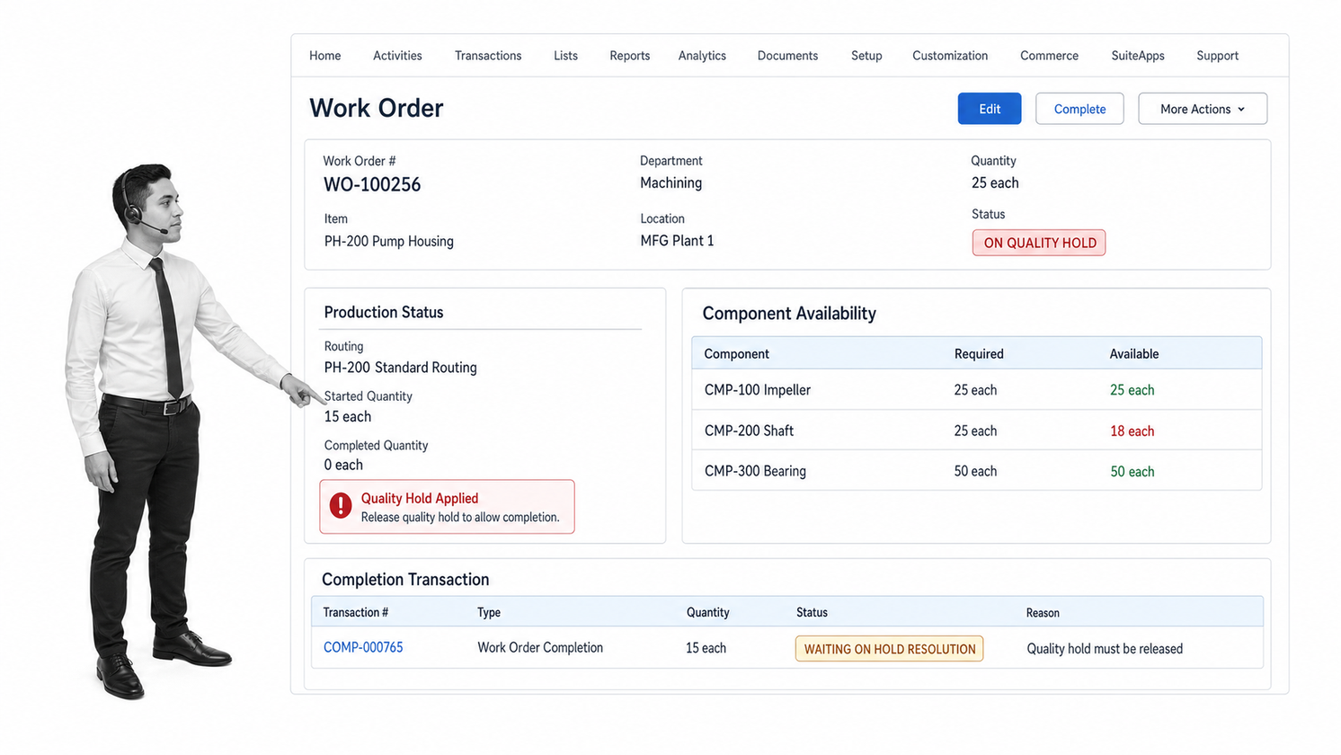 Oracle NetSuite-style work order console with component availability and a quality hold