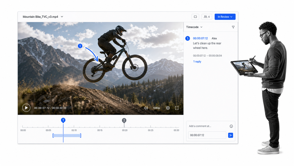Frame.io-style video review player with timecode comments and an approval status