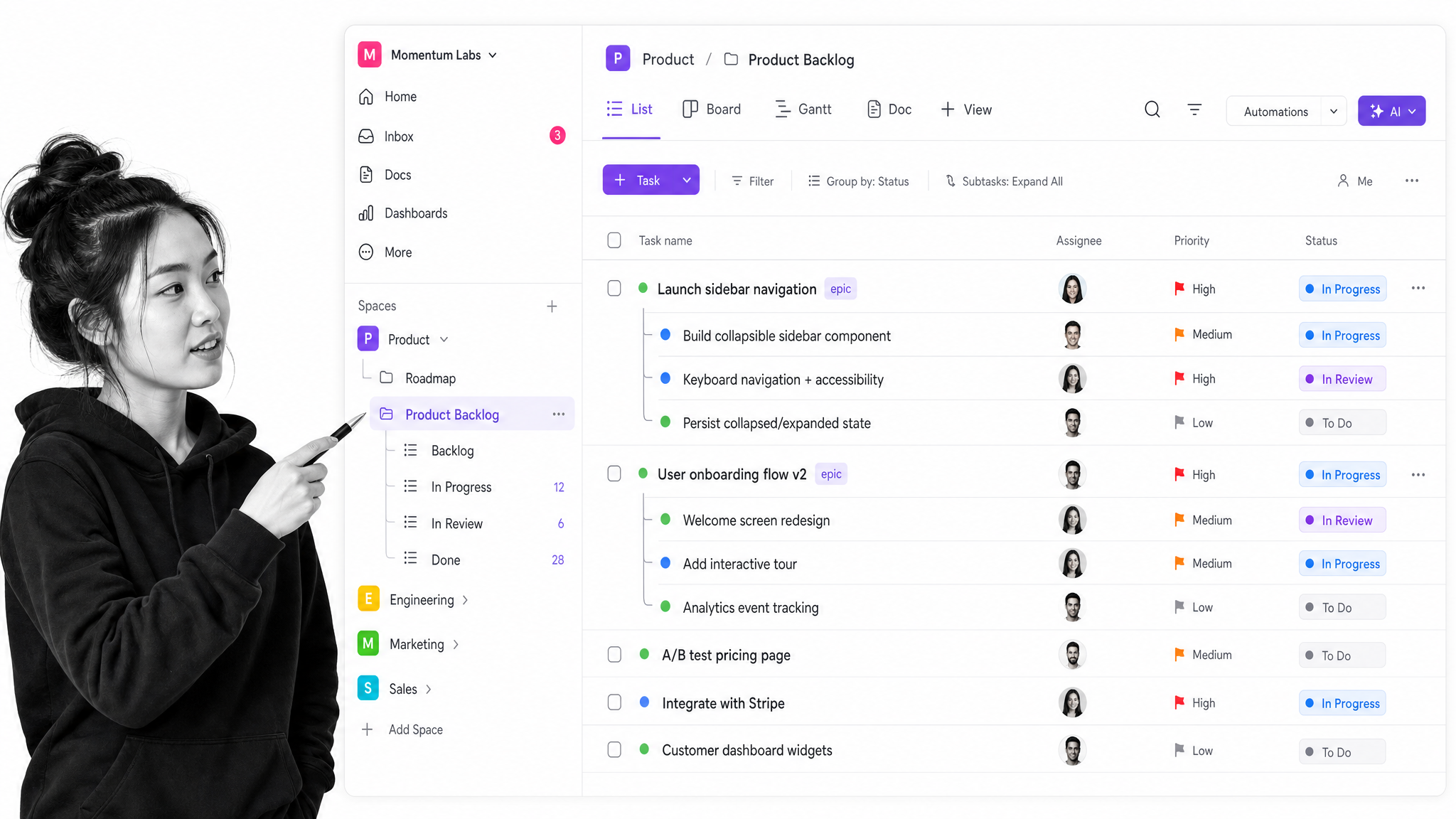 ClickUp workspace with a Spaces, Folders, and Lists sidebar, a task list, and multiple view tabs