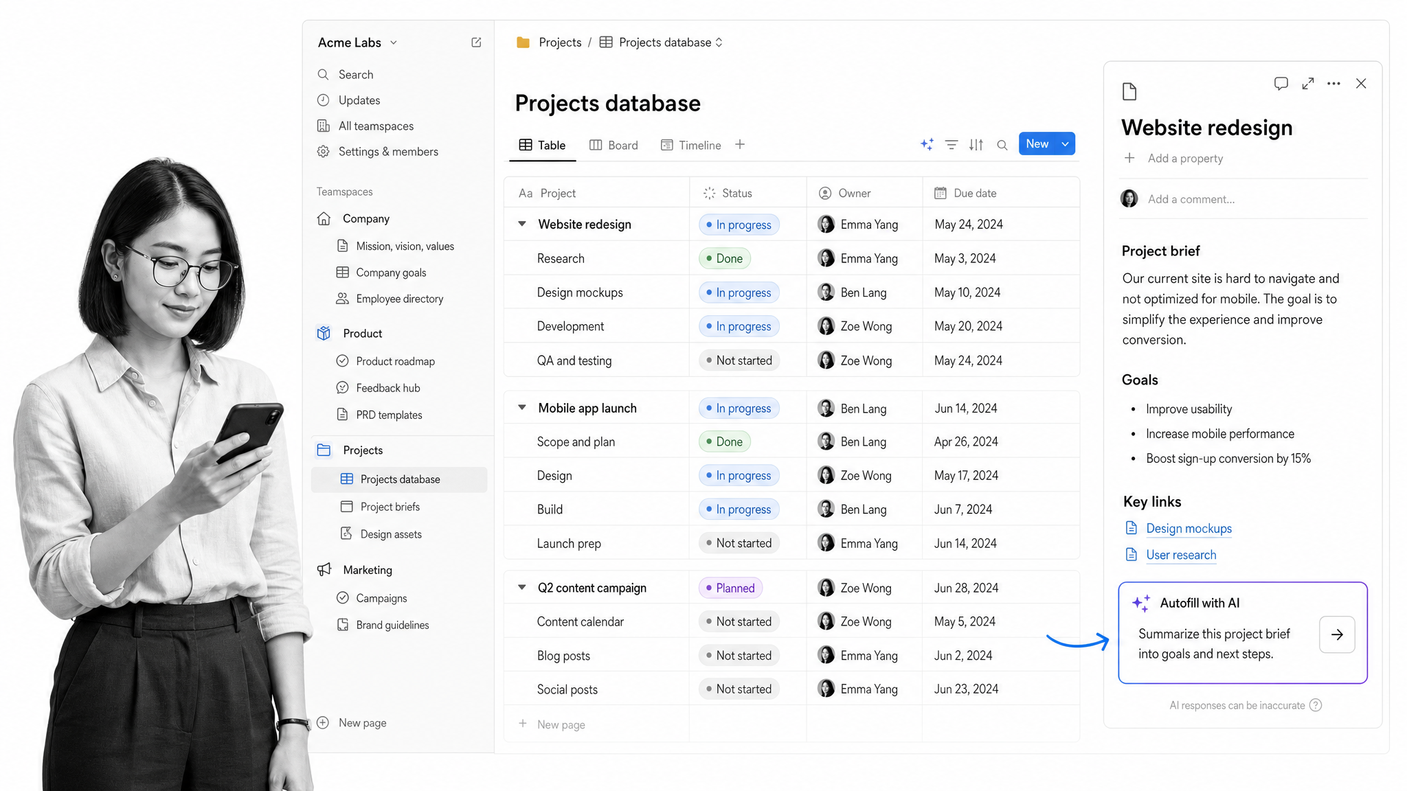 Notion projects database shown as a table with property columns, a page sidebar, and a doc panel