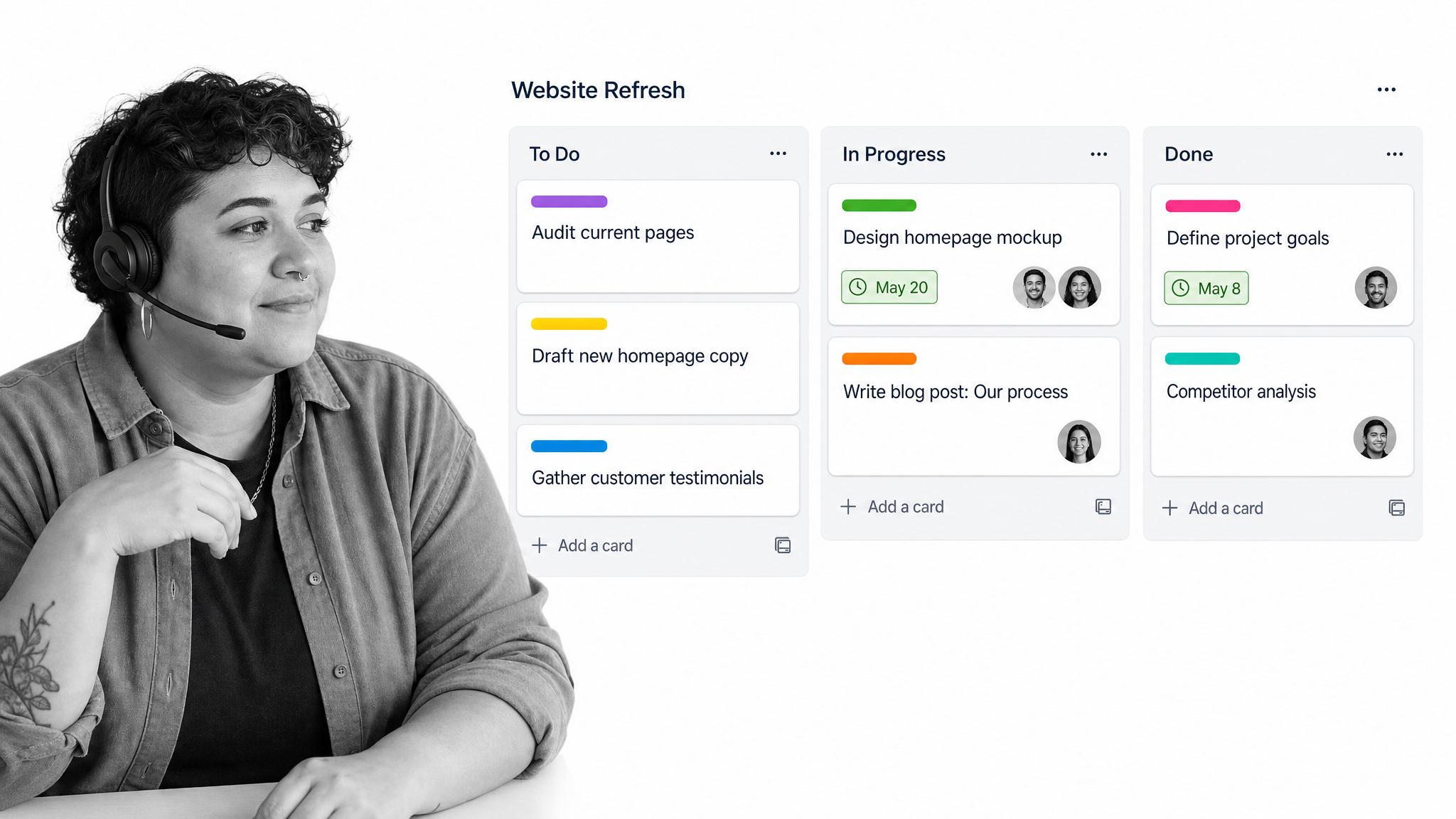 Trello kanban board with vertical lists and simple cards carrying colored labels