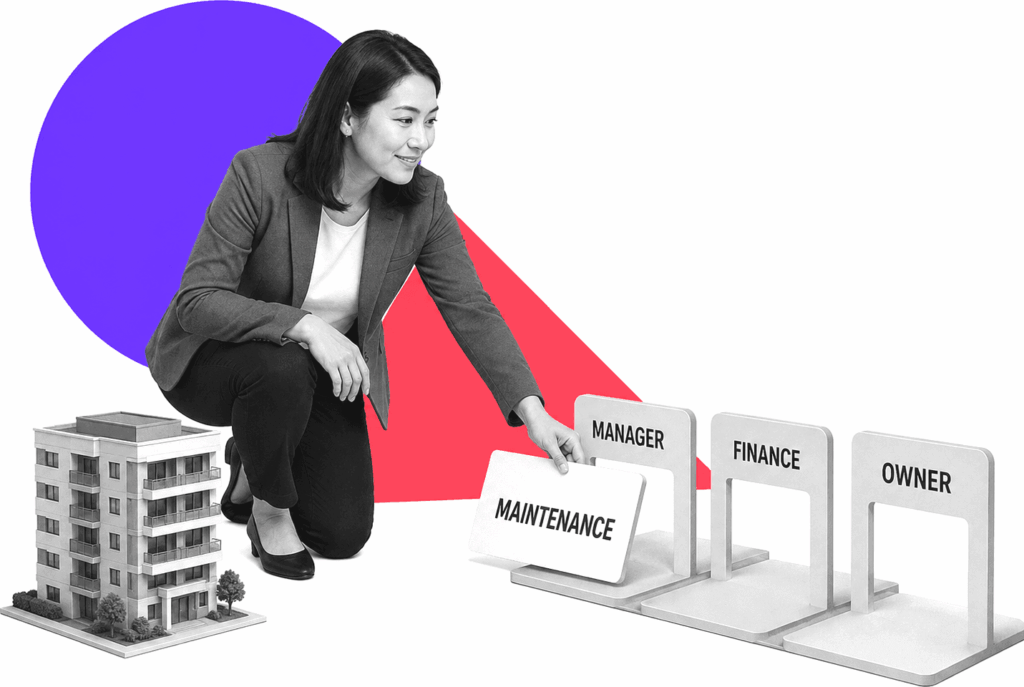 A property operations manager kneels beside a building and guides a maintenance request through three approval gates.
