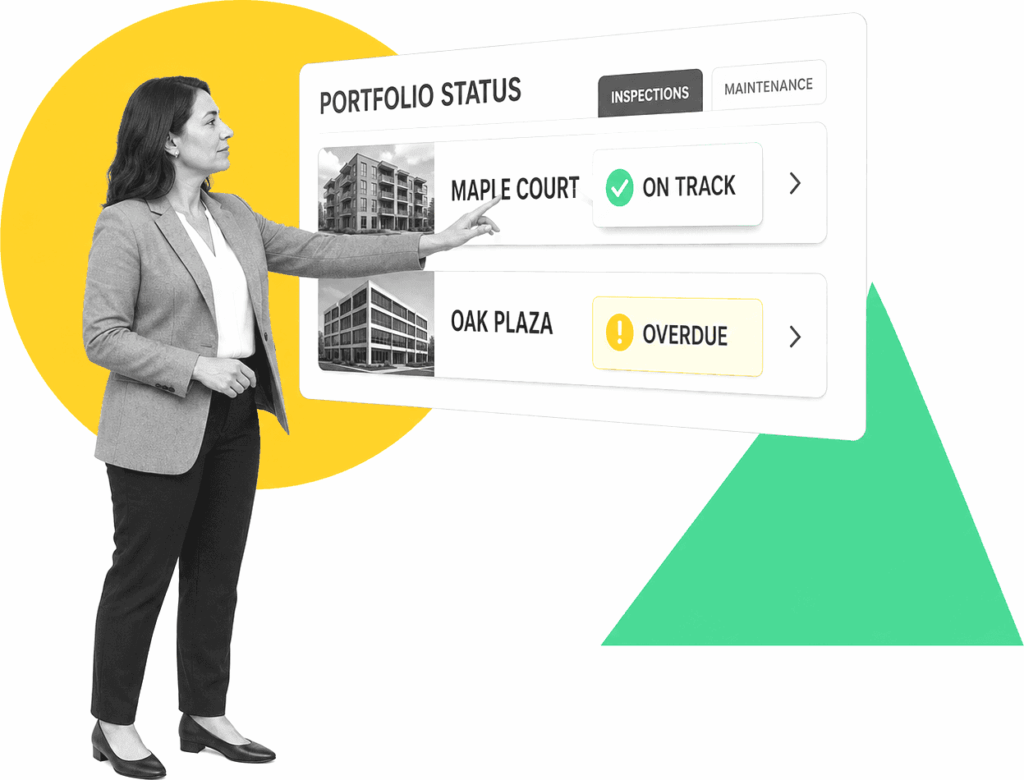 A property operations manager reviewing a live dashboard of workflow status across several buildings.