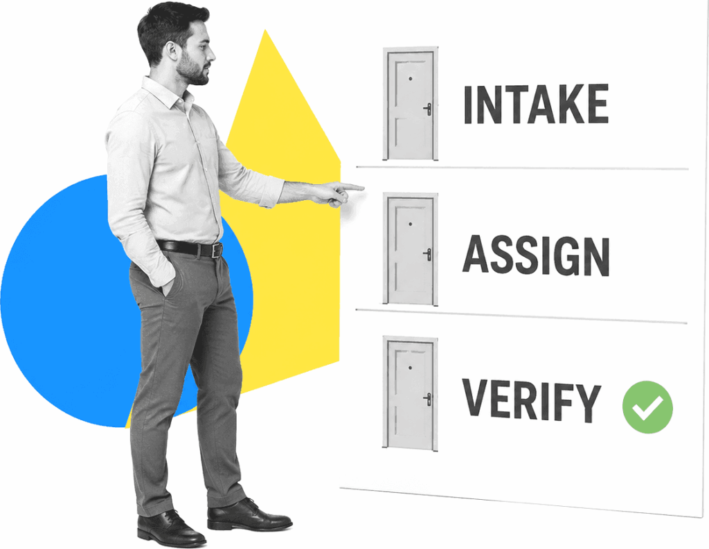Property operations manager examining a turnover board labeled Intake, Assign, and Verify