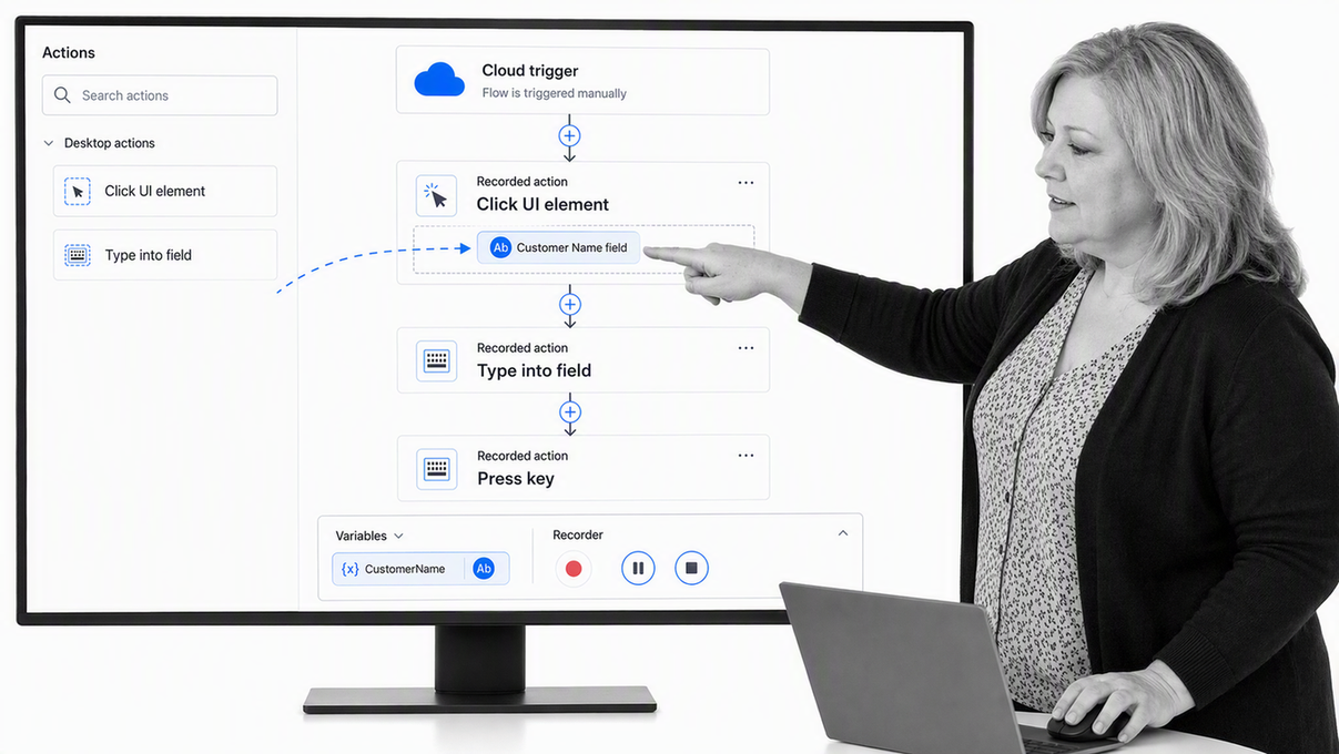 Microsoft Power Automate RPA software desktop flow editor with recorded actions
