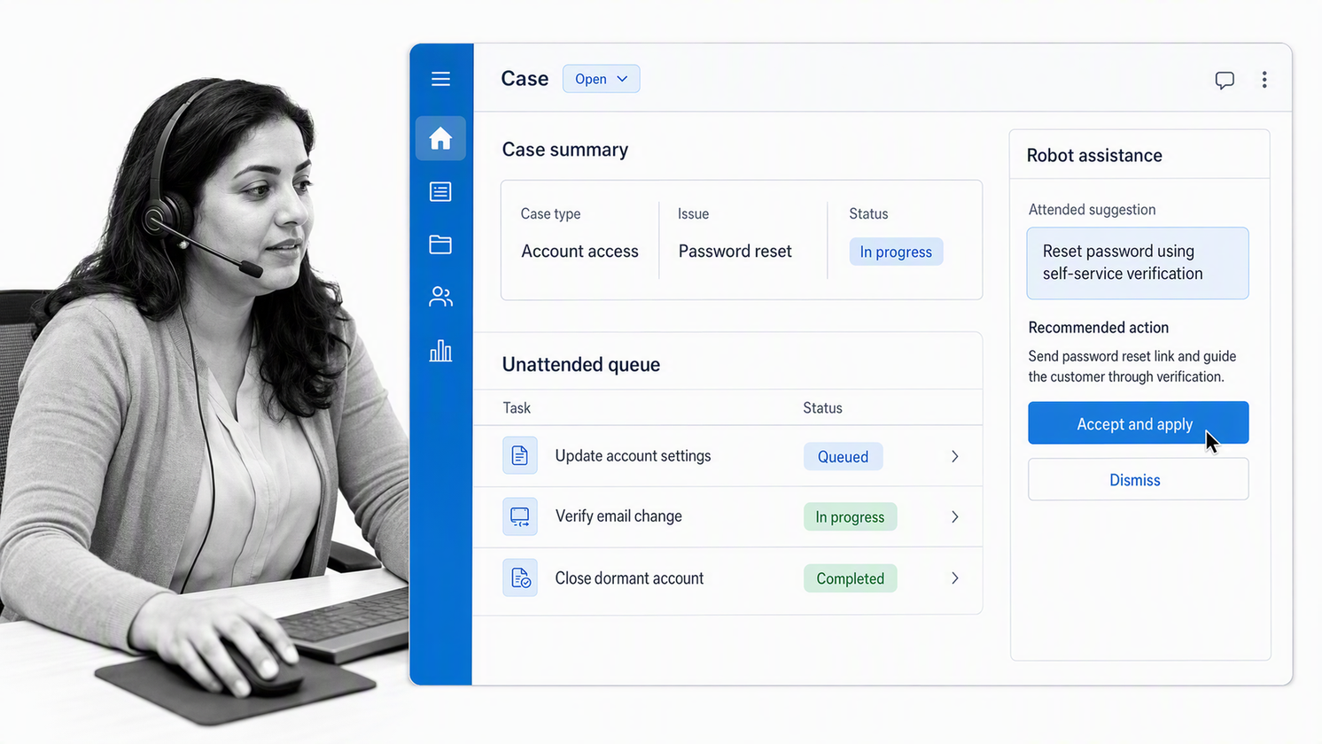 Pega RPA software connected to a business case and robot queue