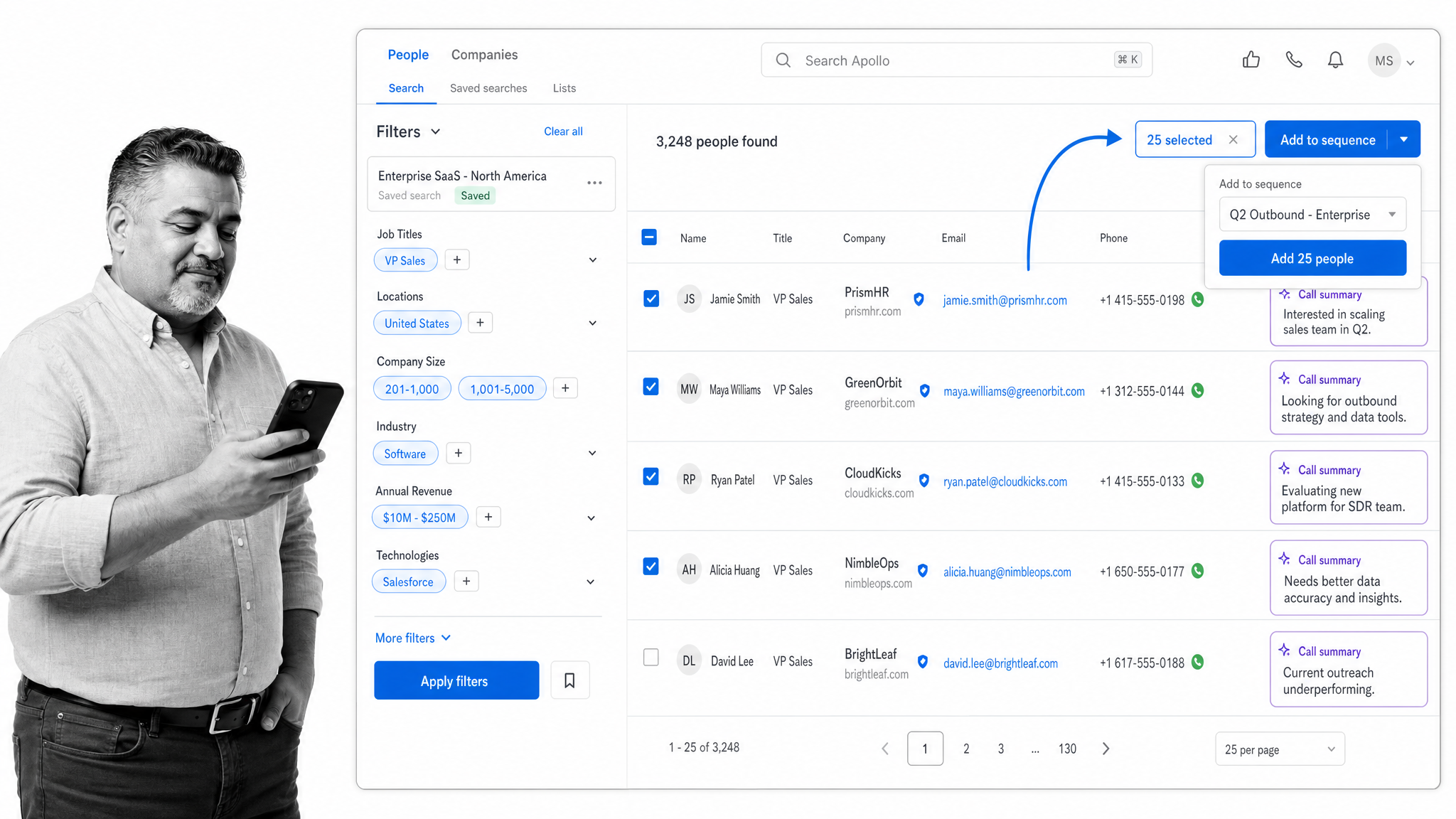 Apollo.io prospect search table with filters and add-to-sequence action, an example of prospecting and outreach automation software