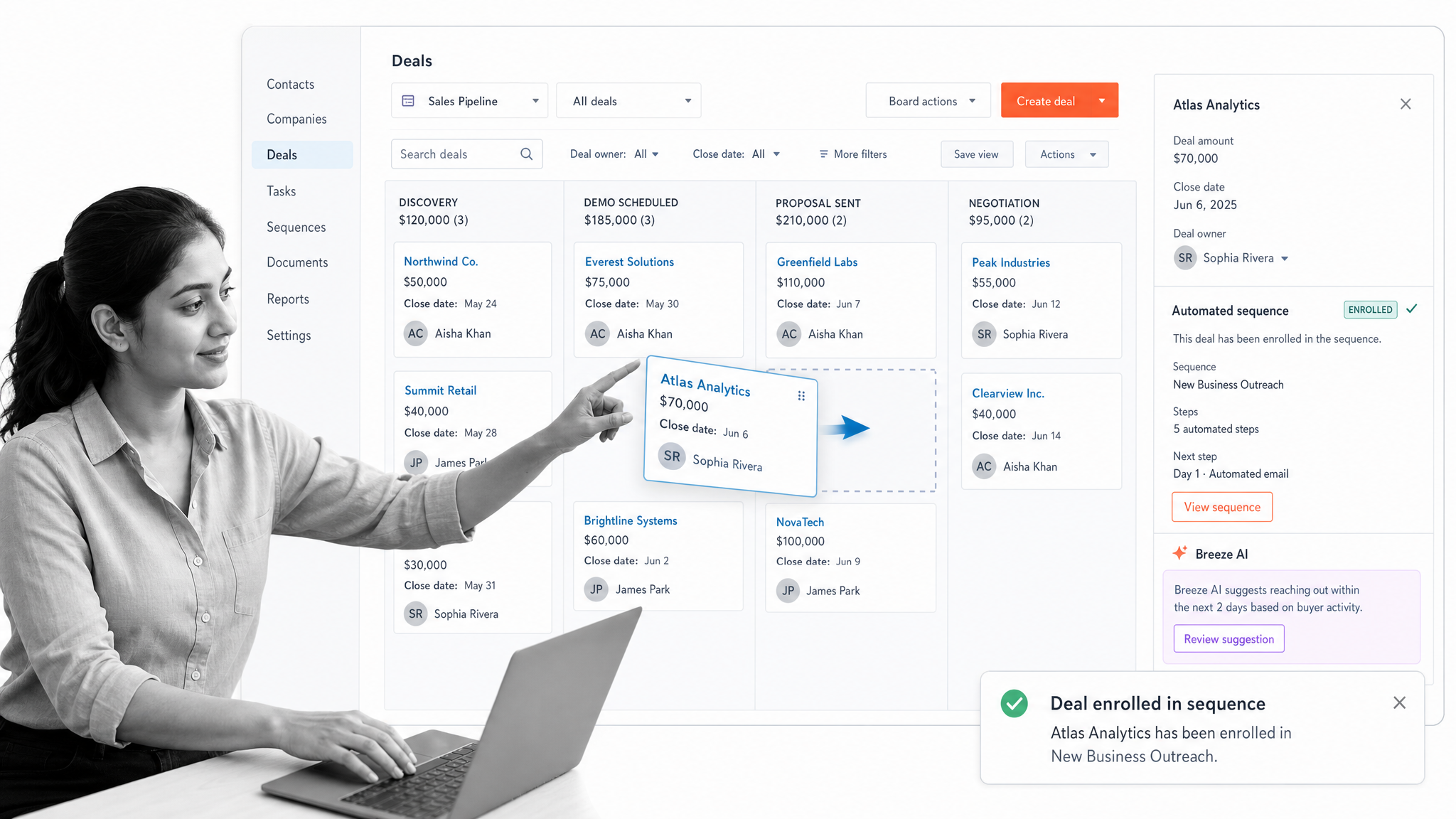 HubSpot Sales Hub deal pipeline with automated sequence enrollment, an example of all-in-one sales automation software