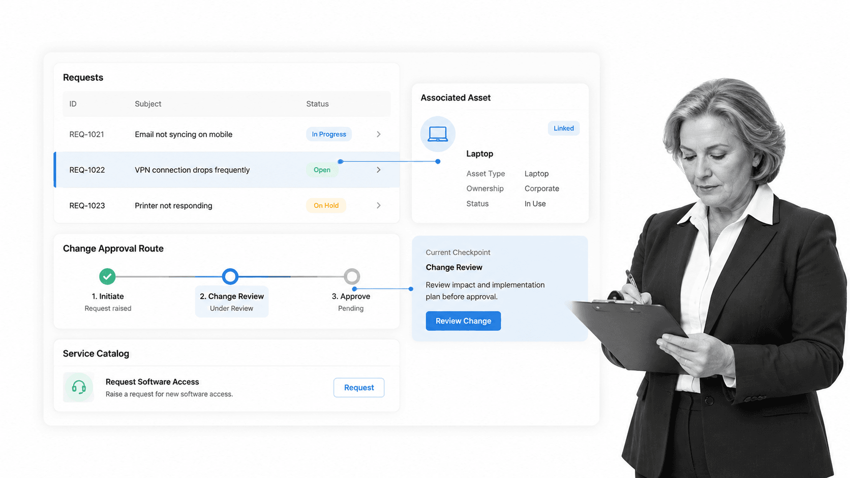 ManageEngine ServiceDesk Plus interface for cost-conscious IT teams that want help desk, assets, and ITSM together