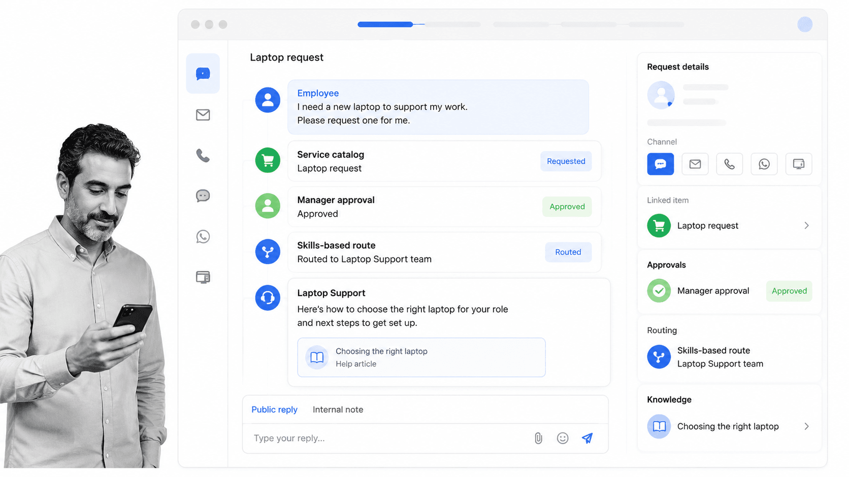 Zendesk interface for employee service teams that prioritize conversational request handling