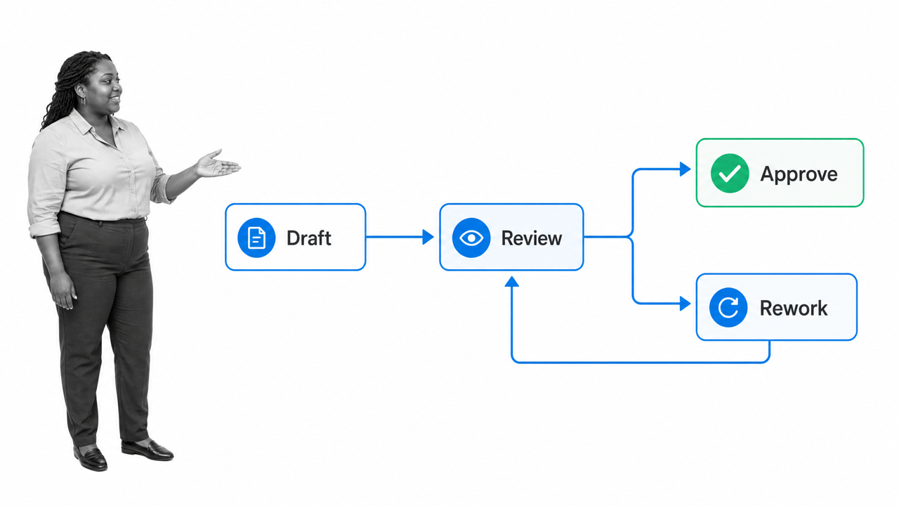 Content approval process flow from draft through review and rework