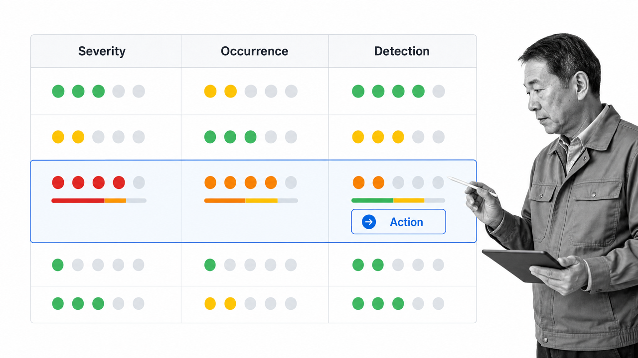 FMEA matrix comparing severity occurrence detection and action priority