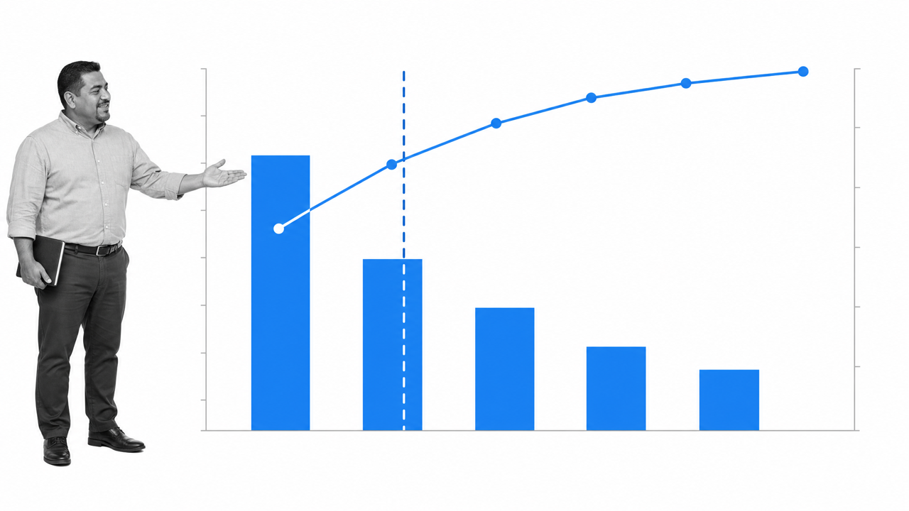 Pareto chart showing descending causes cumulative effect and vital few cutoff