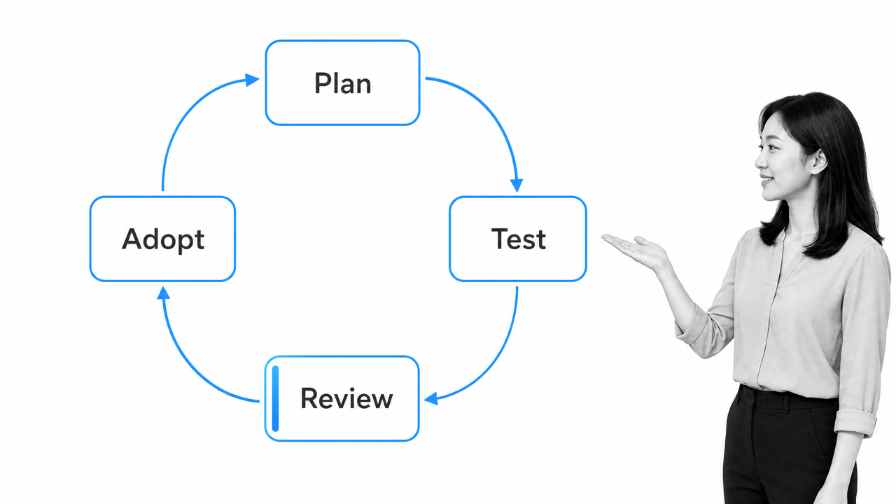 Kaizen improvement loop moving a small change through testing and adoption