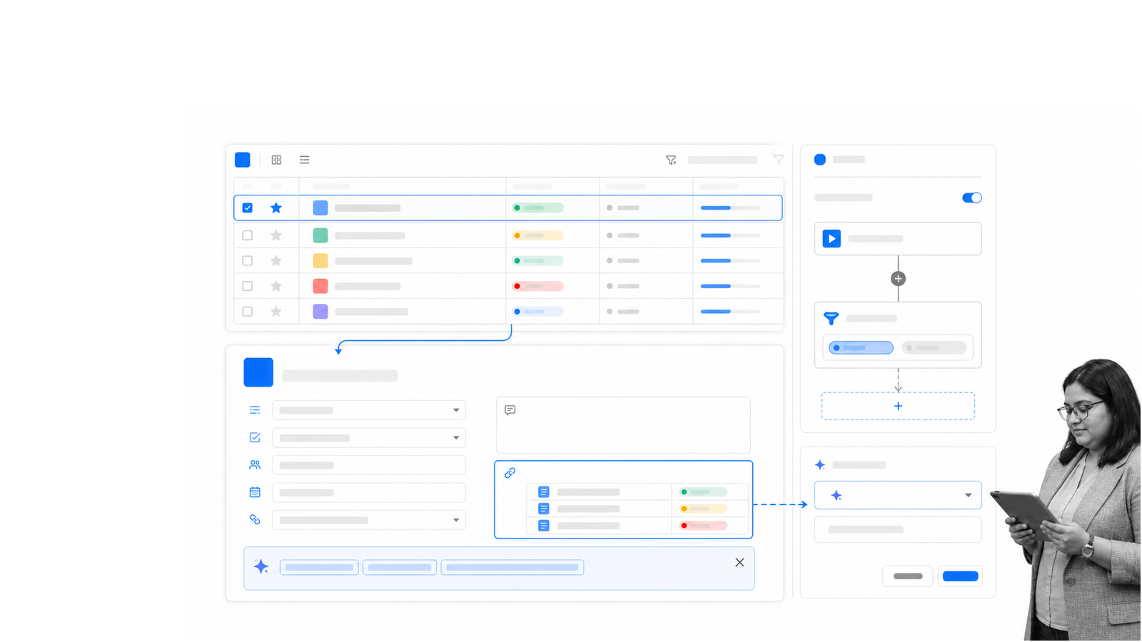 Airtable linked-record workspace, interface, and automation cue shown as a Smartsheet alternative.