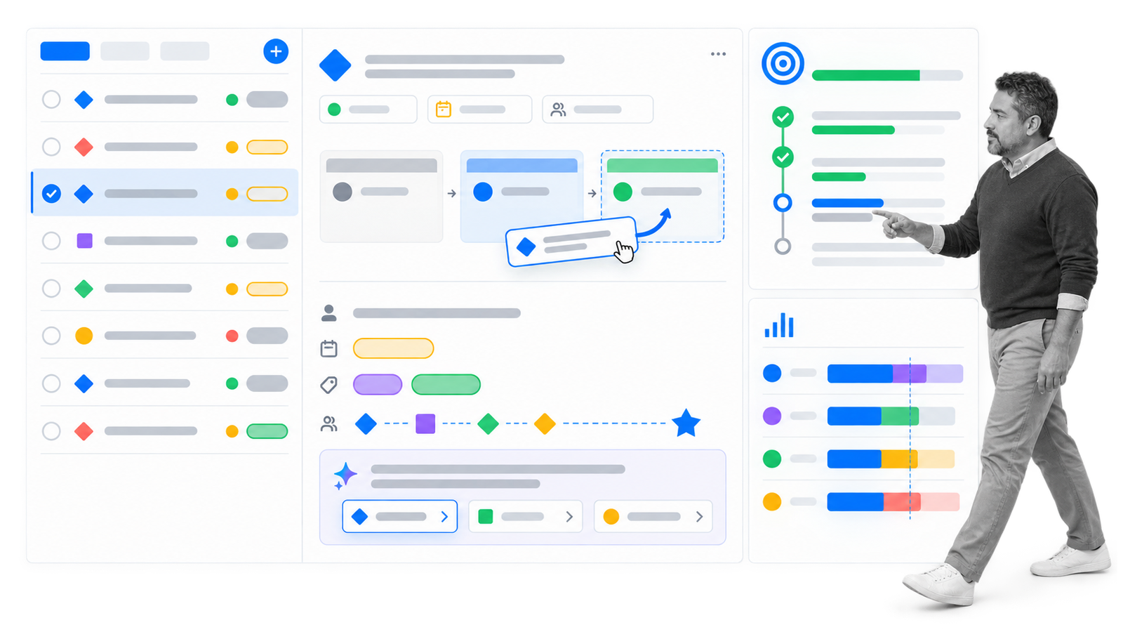 Asana task ownership, goals, and portfolio workload shown as a Smartsheet alternative.
