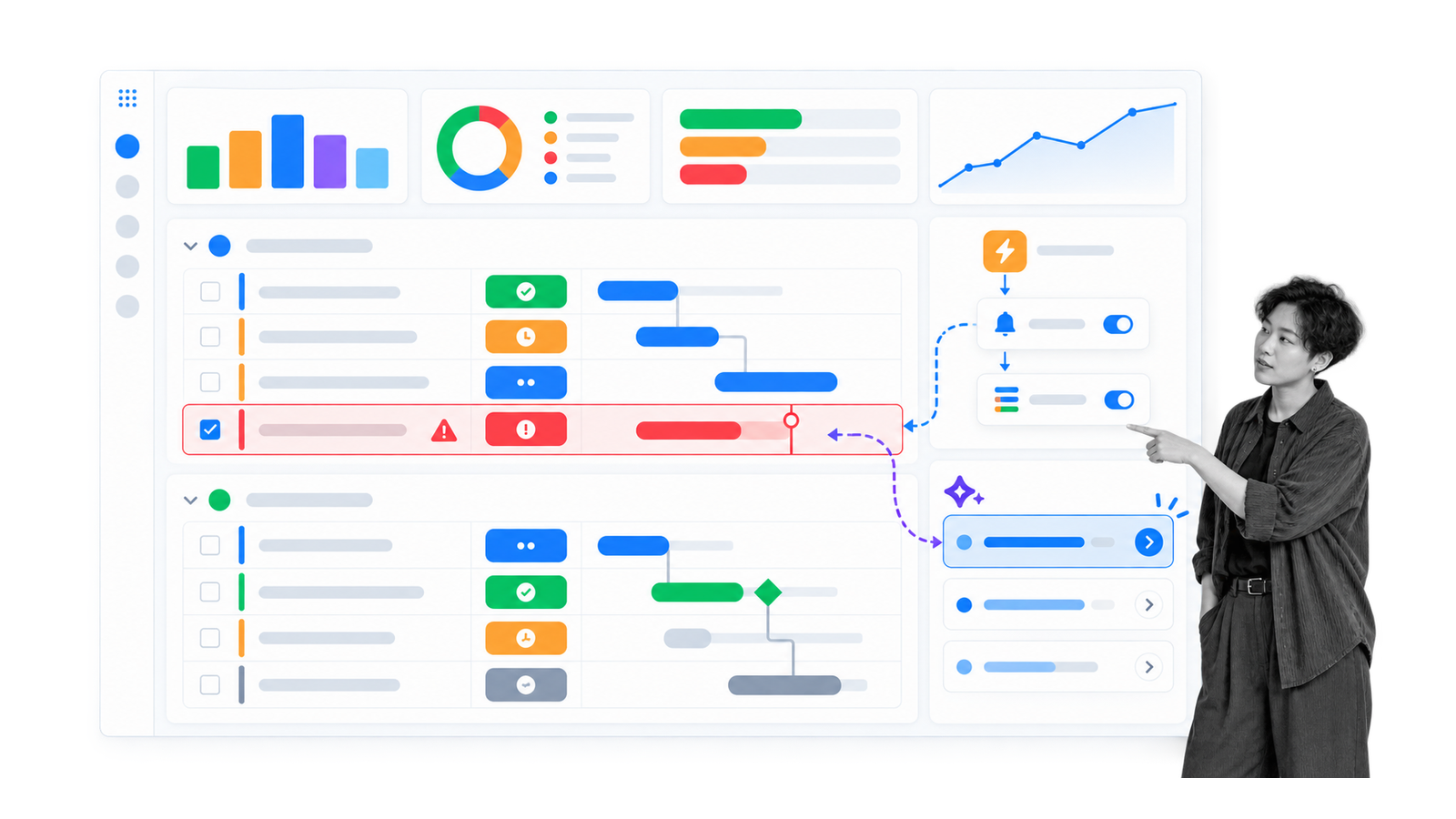 monday.com visual work board, automation path, and AI planning cue shown as a Smartsheet alternative.