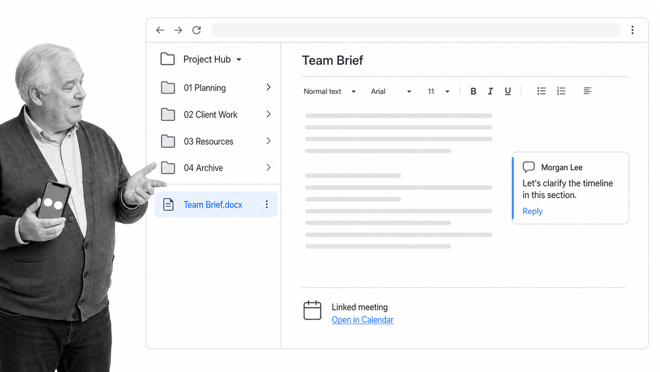 Google Workspace shared Drive with live document collaboration and a calendar meeting