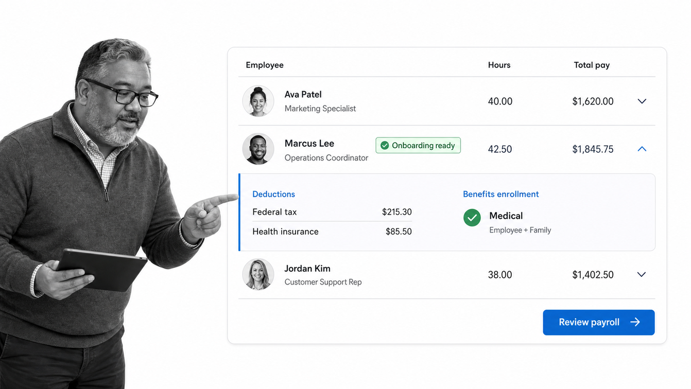 Gusto payroll review with employee hours, deductions, benefits, and new-hire onboarding status