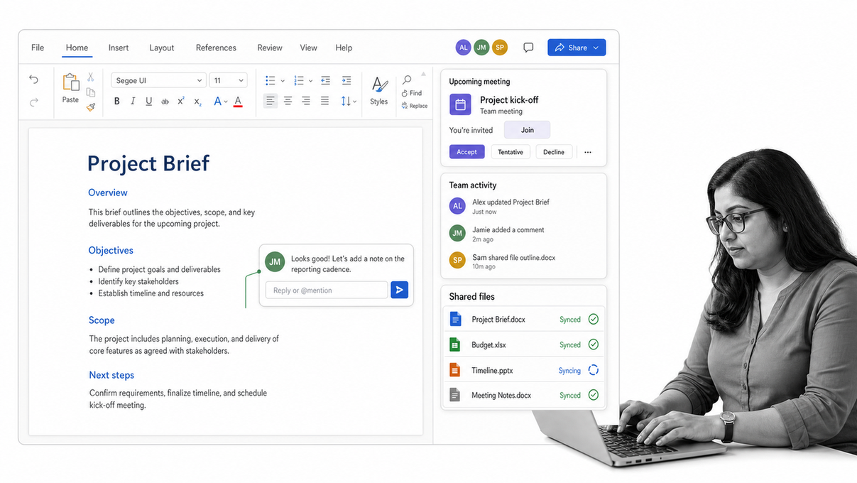 Microsoft 365 workspace with an Office document, Outlook calendar, Teams activity, and shared files
