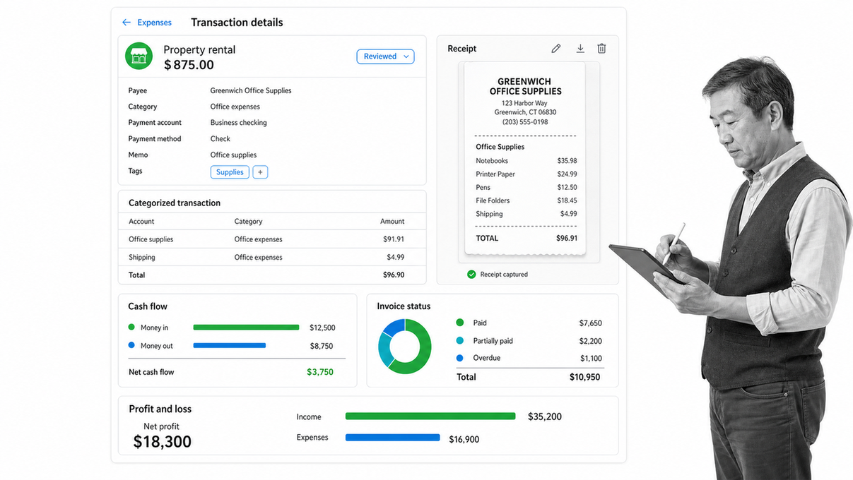 QuickBooks Online dashboard showing expenses, invoices, cash flow, reports, and receipt capture