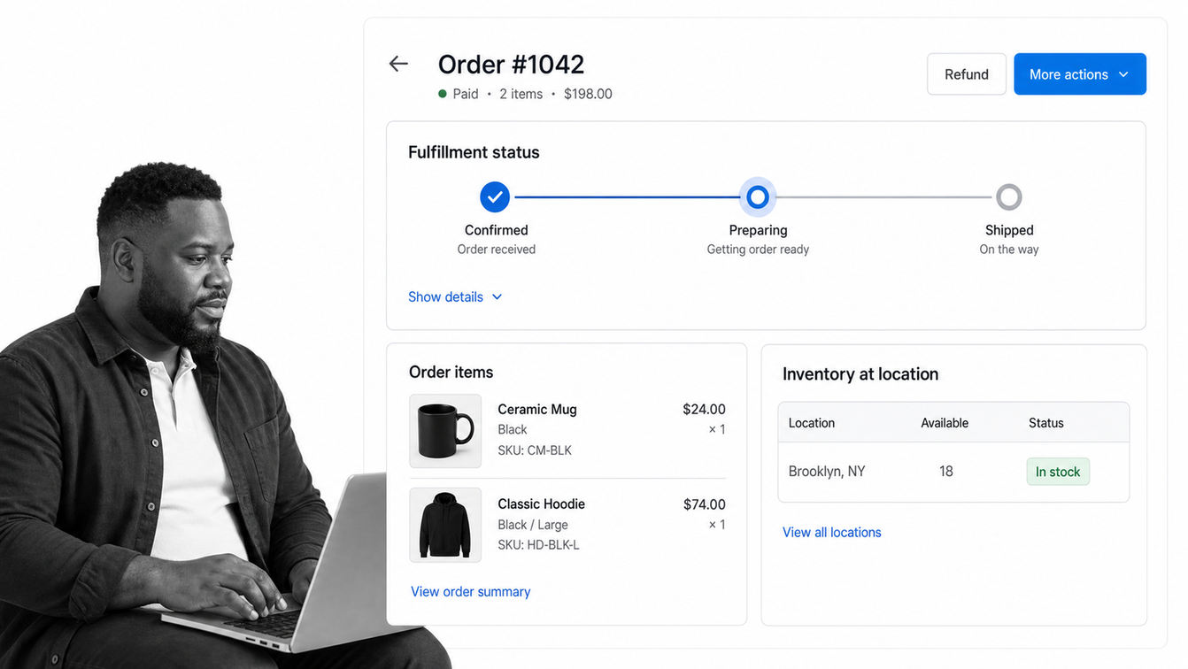 Shopify order detail with fulfillment status, product items, and inventory by location