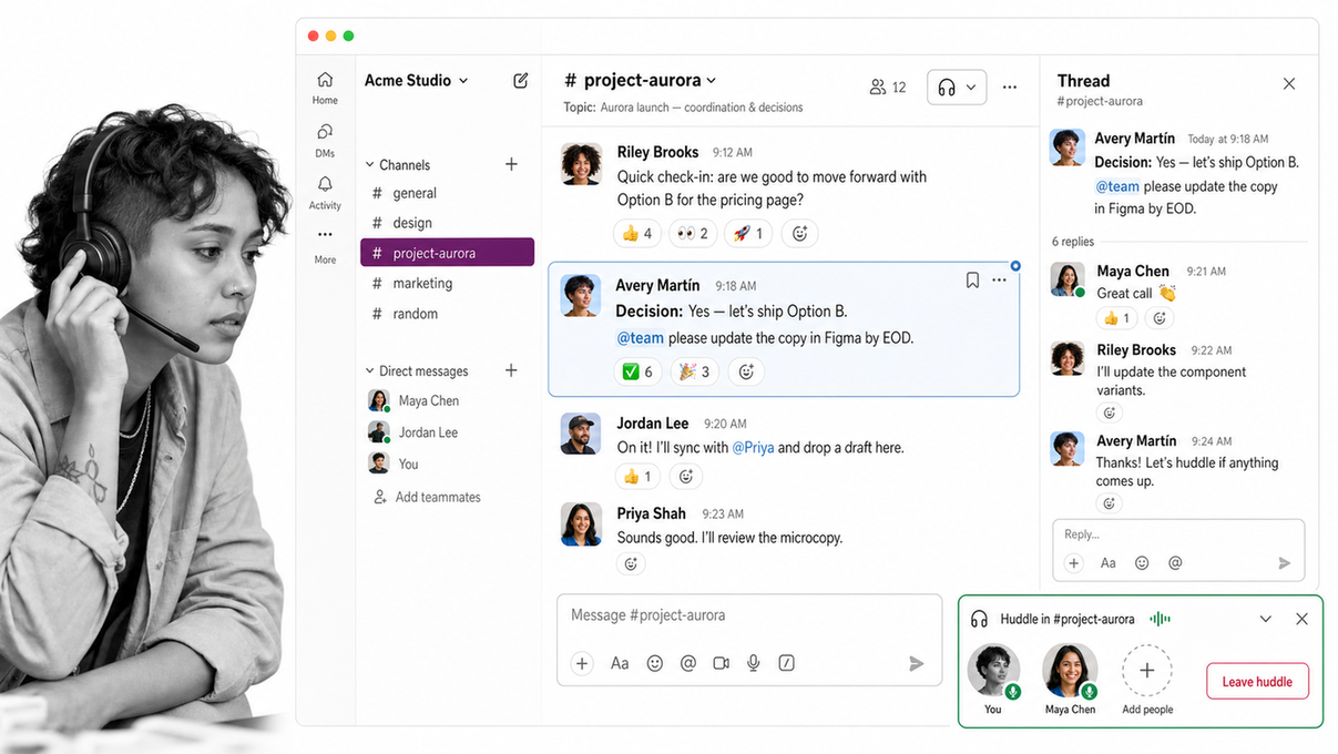 Slack channel with a threaded team discussion and an active huddle