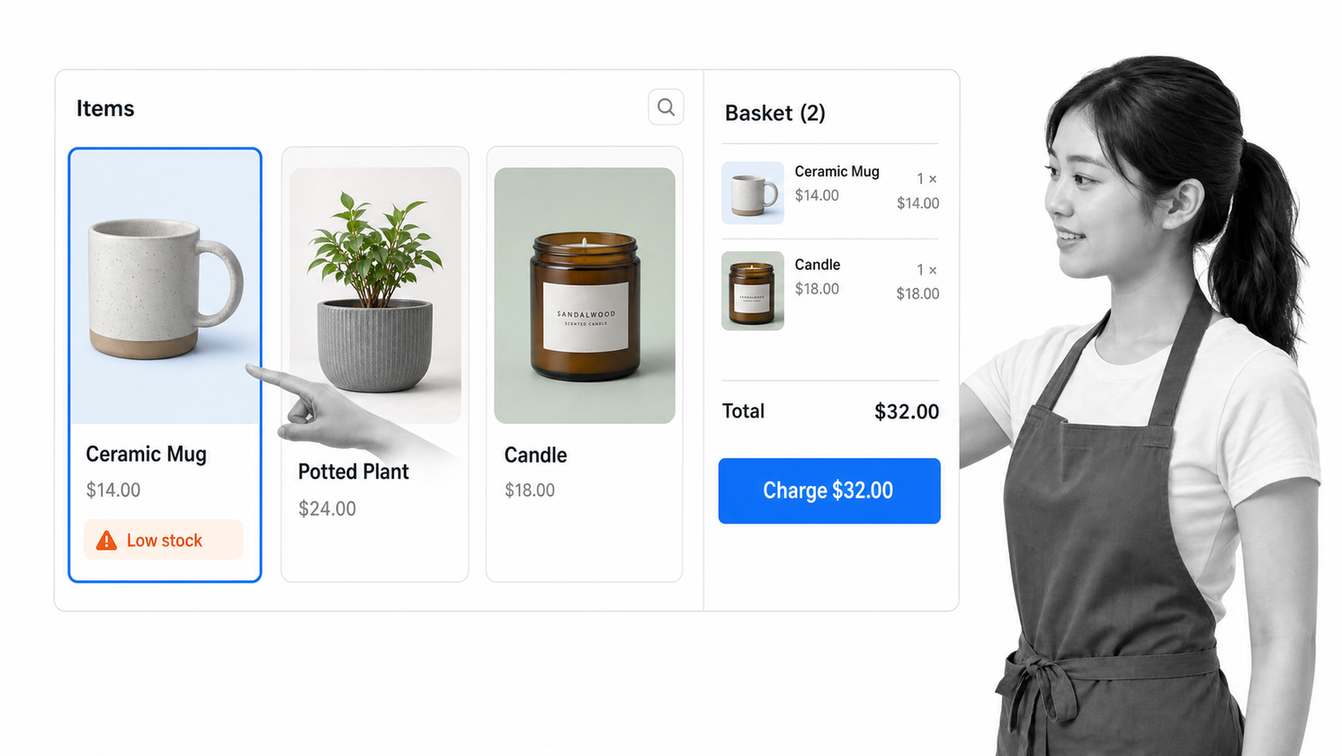 Square retail point-of-sale screen with item catalog, checkout basket, payment control, and low-stock alert