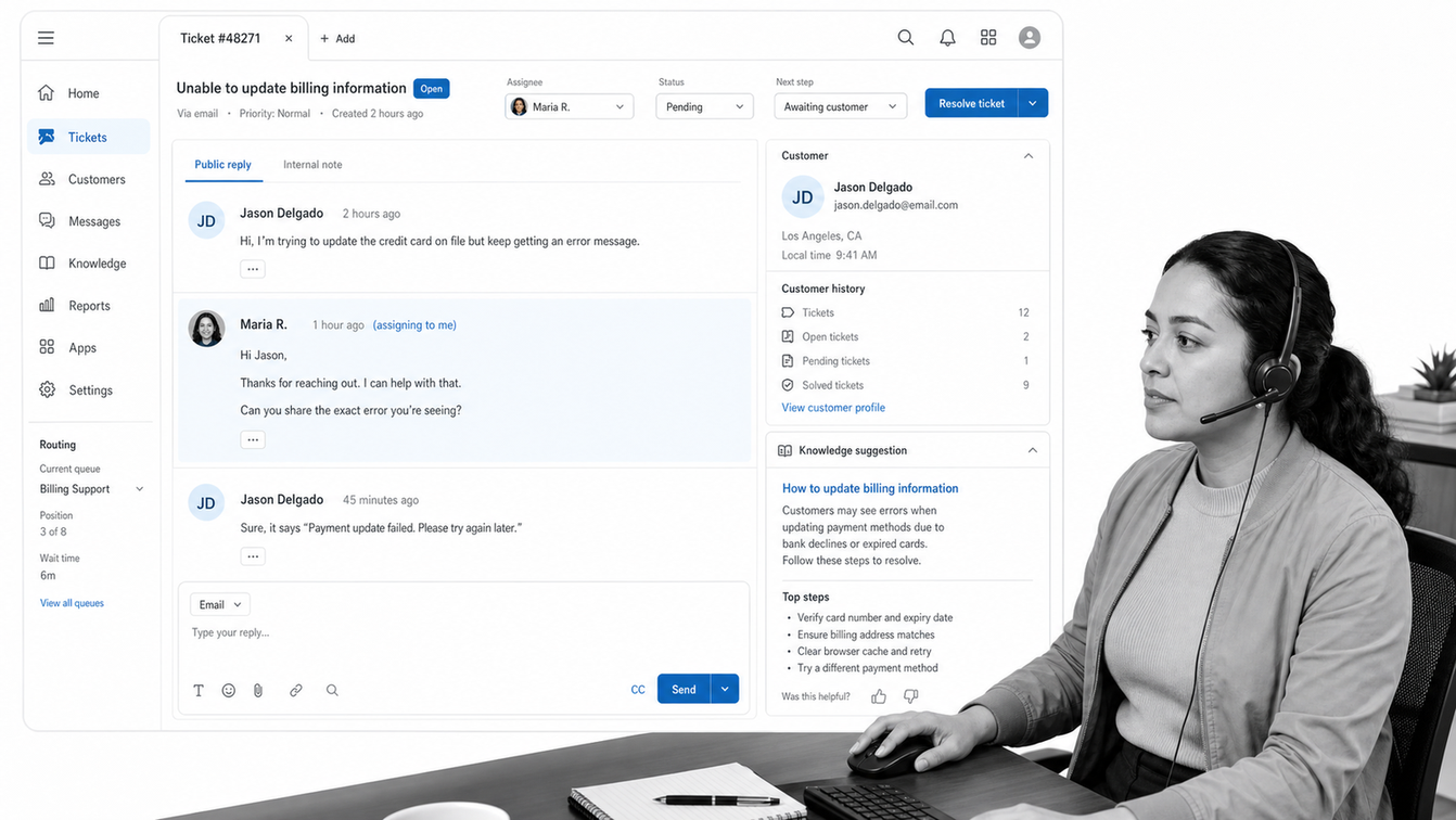 Zendesk support ticket with customer conversation, profile history, routing, knowledge suggestion, and status