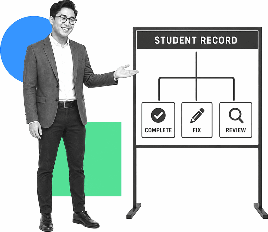 A registrar examines labeled student document review checkpoints.