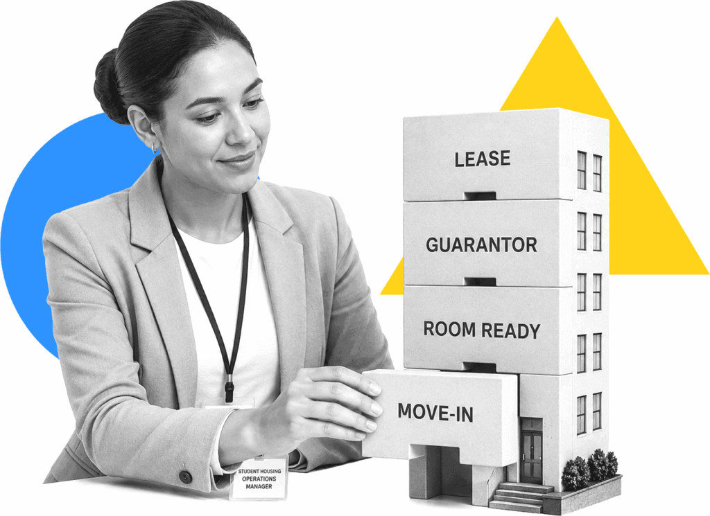 A student housing operations manager aligning labeled move-in blocks into a residence tower.