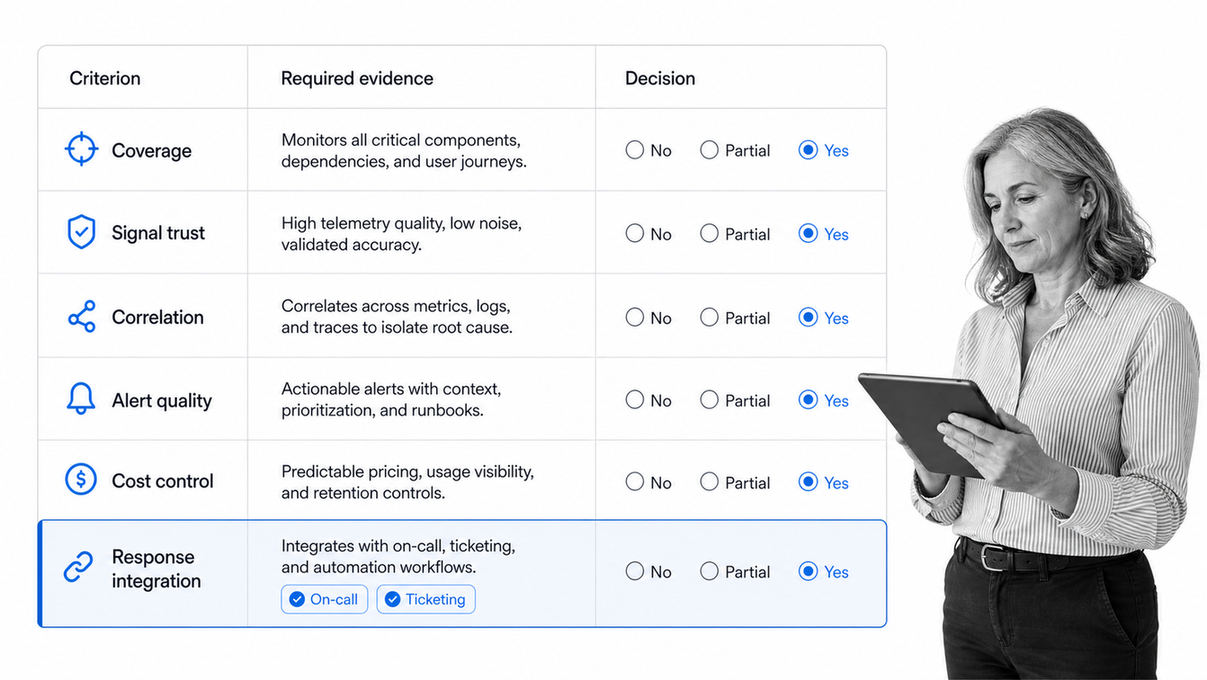 System monitoring software evaluation matrix with selected response integration criterion