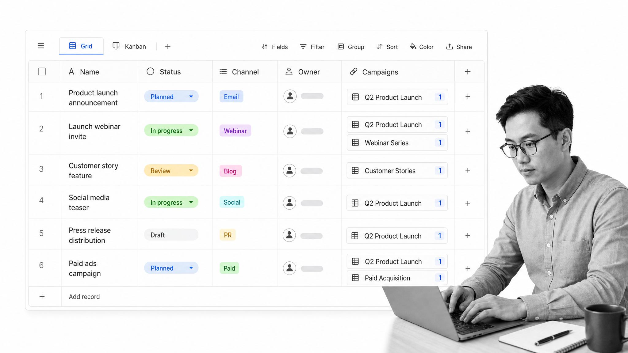 Airtable grid view with linked records used for team collaboration