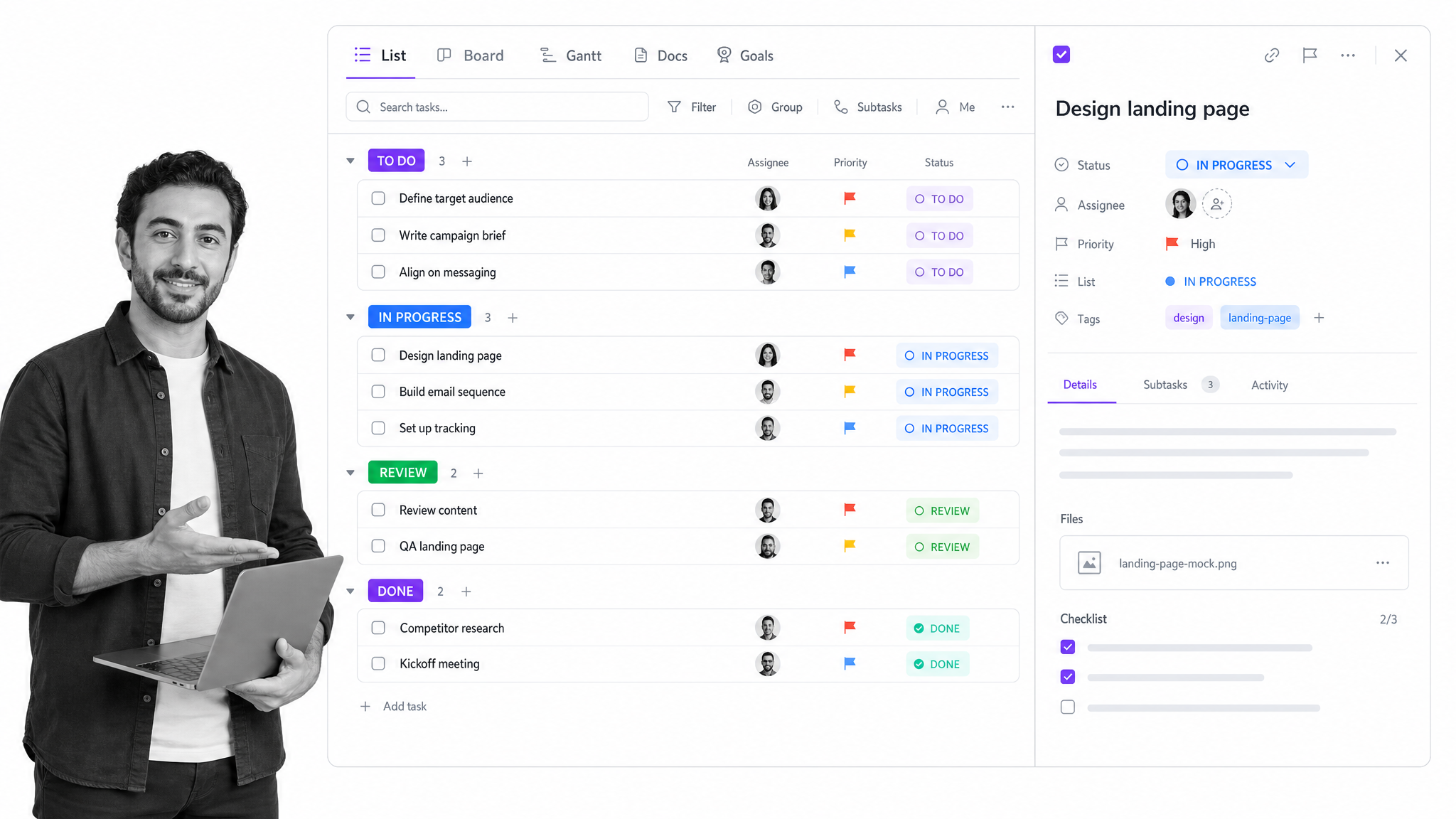 ClickUp task list with multiple view tabs used for team collaboration