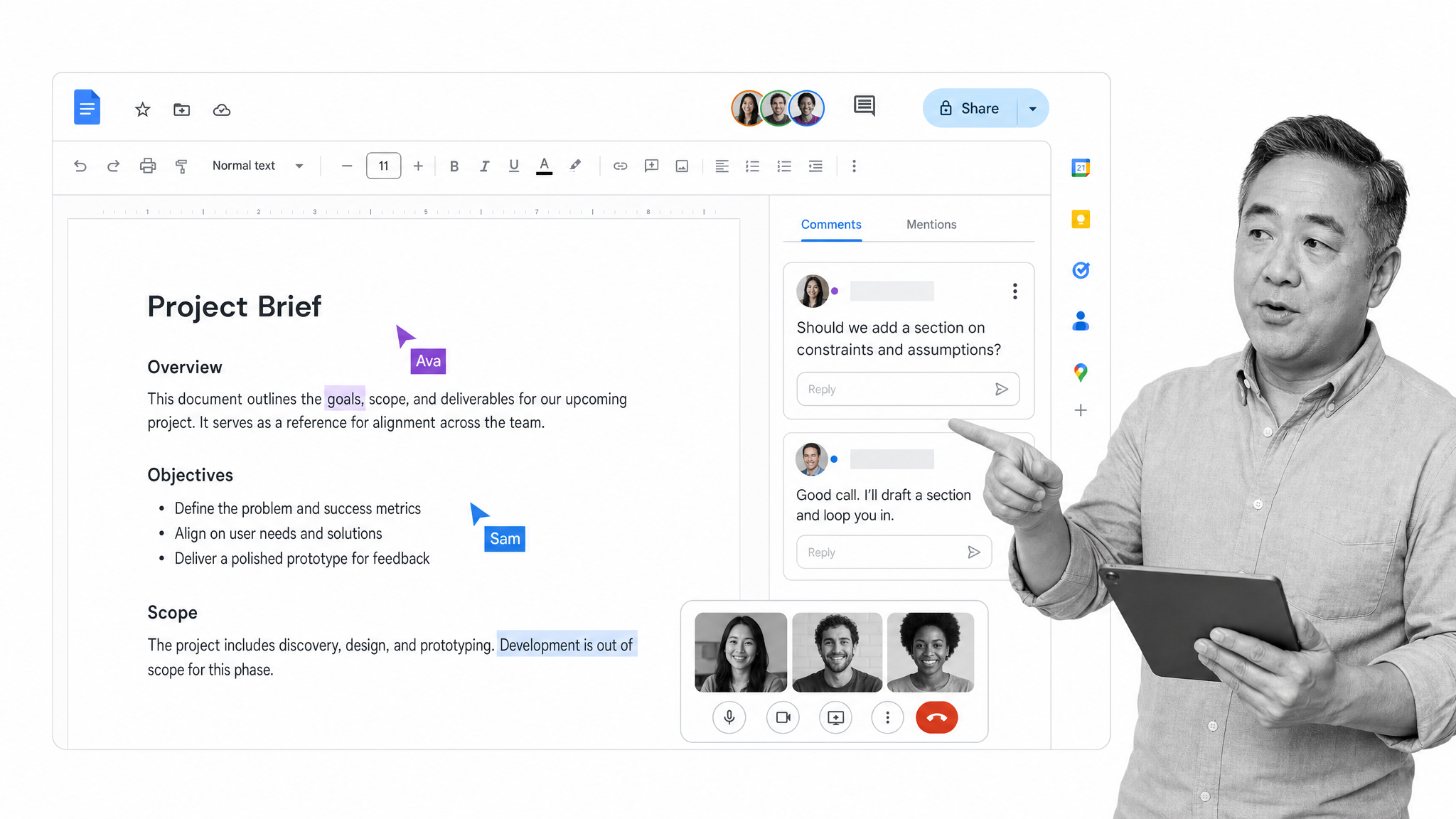 Google Workspace shared document with live co-editing used for team collaboration