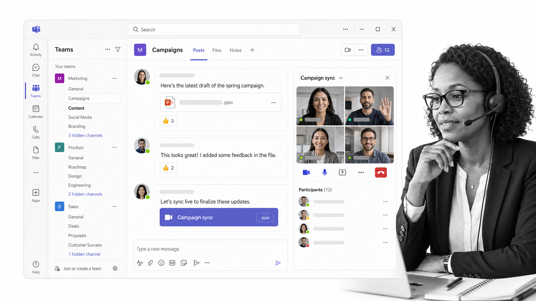 Microsoft Teams team chat with a video meeting tile used for team collaboration