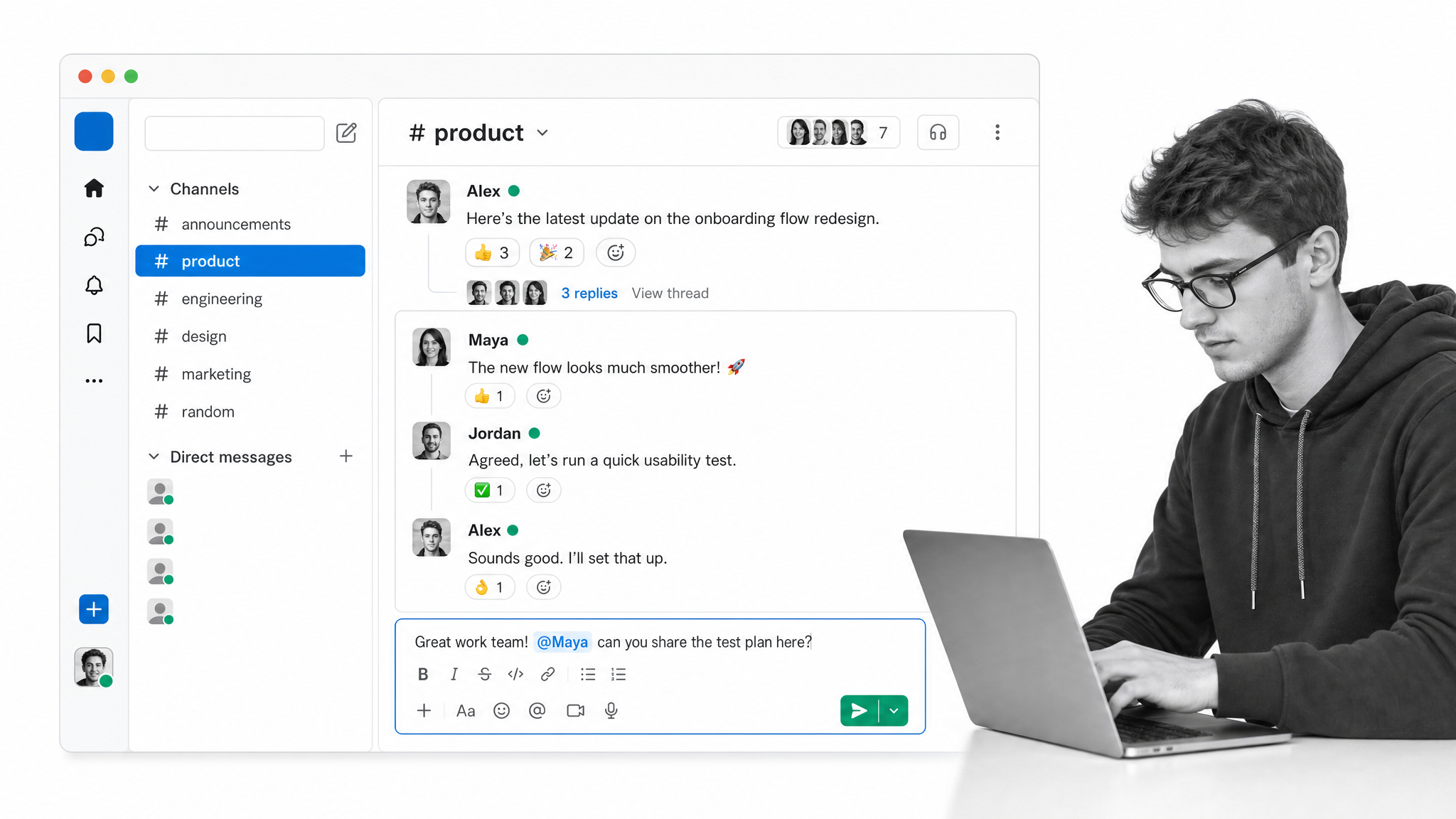 Slack channels and messaging view used for team collaboration
