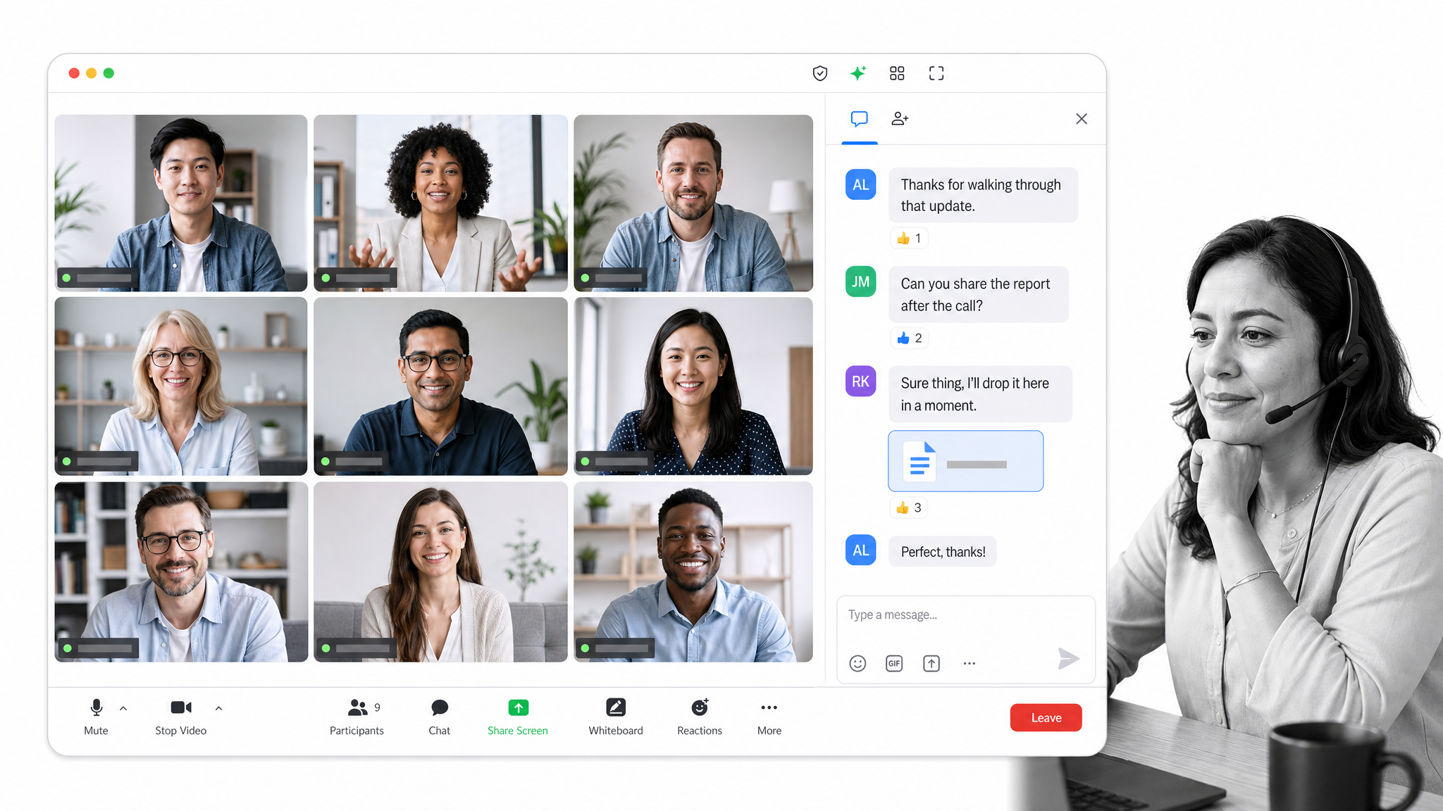 Zoom video meeting gallery with a chat panel used for team collaboration