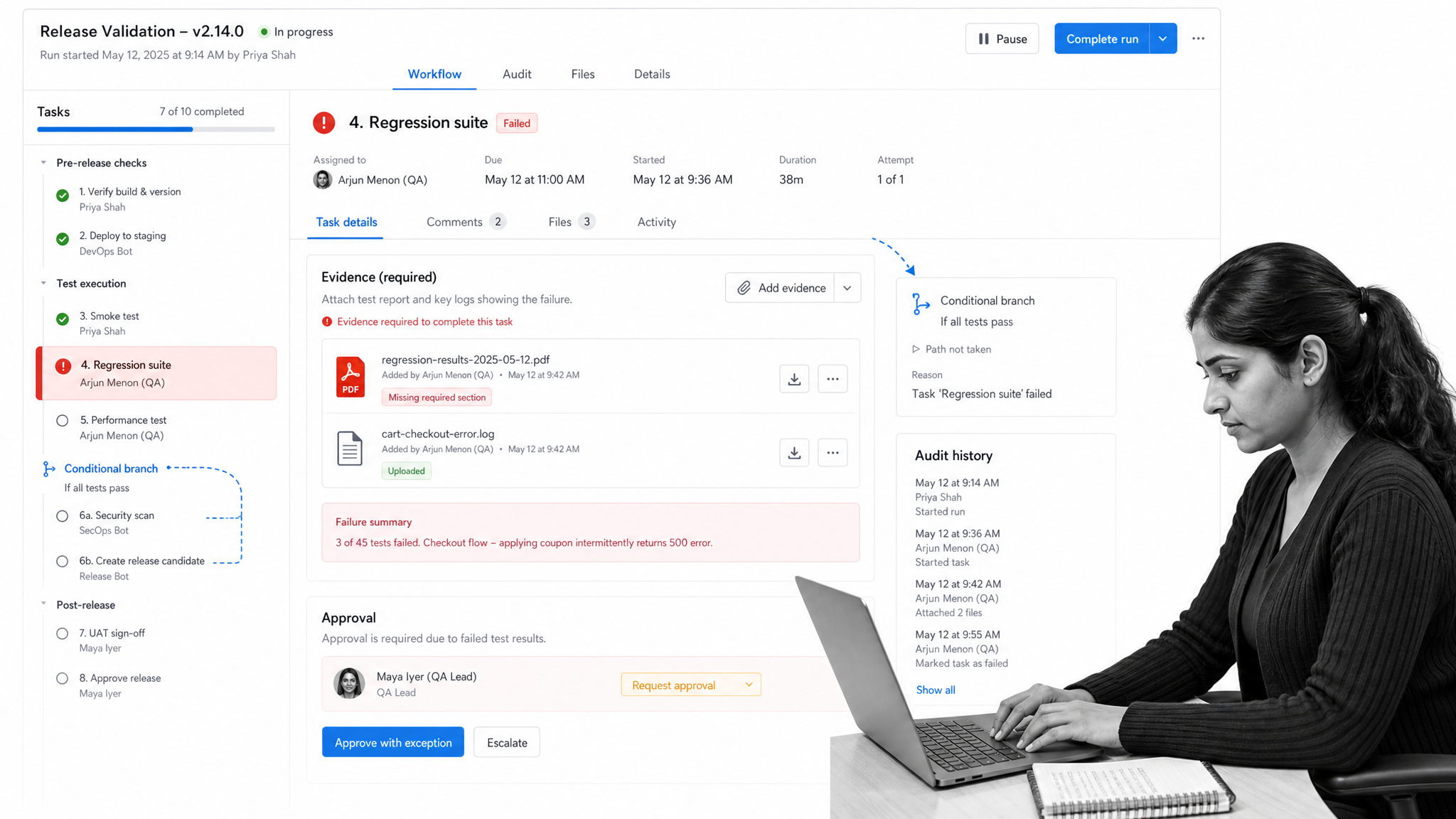 Process Street release validation workflow with test evidence and approval