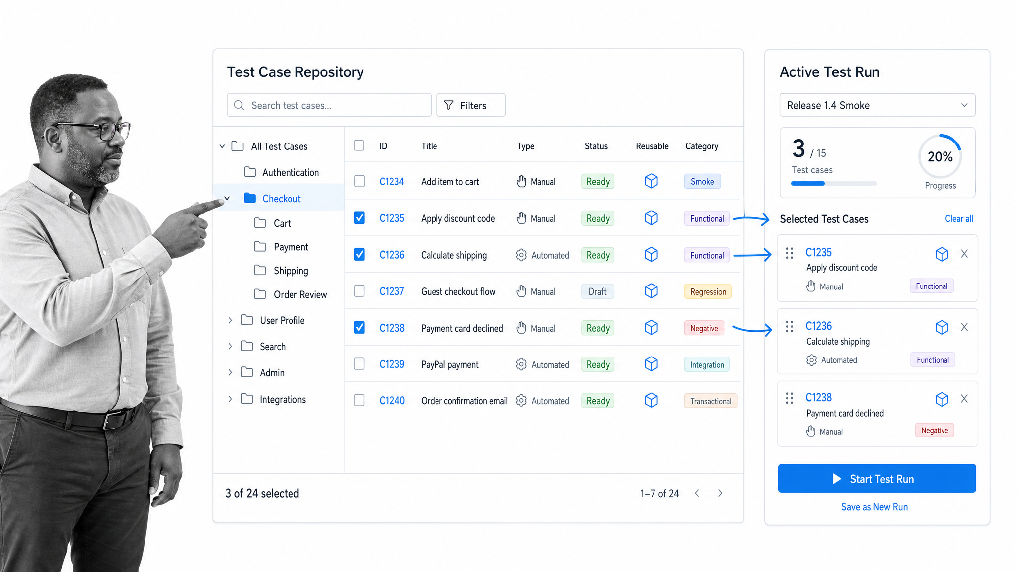 TestRail test case repository and active test run