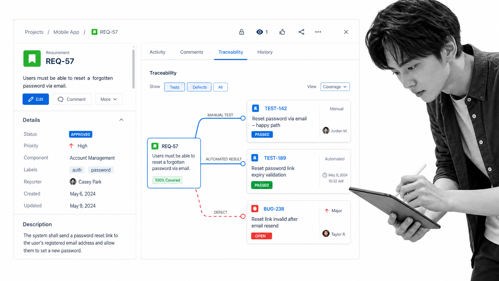 Xray Jira requirement traceability with linked tests and defects