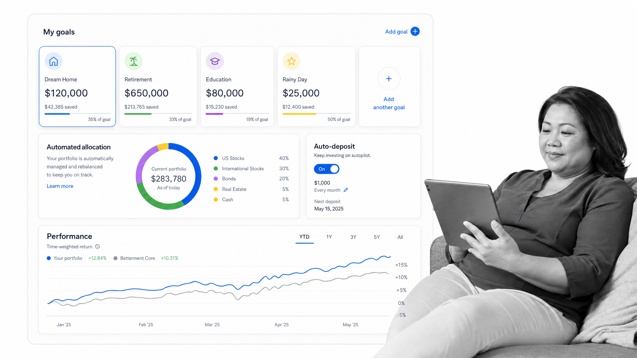 Betterment digital investing dashboard with goal cards and automated portfolio allocation