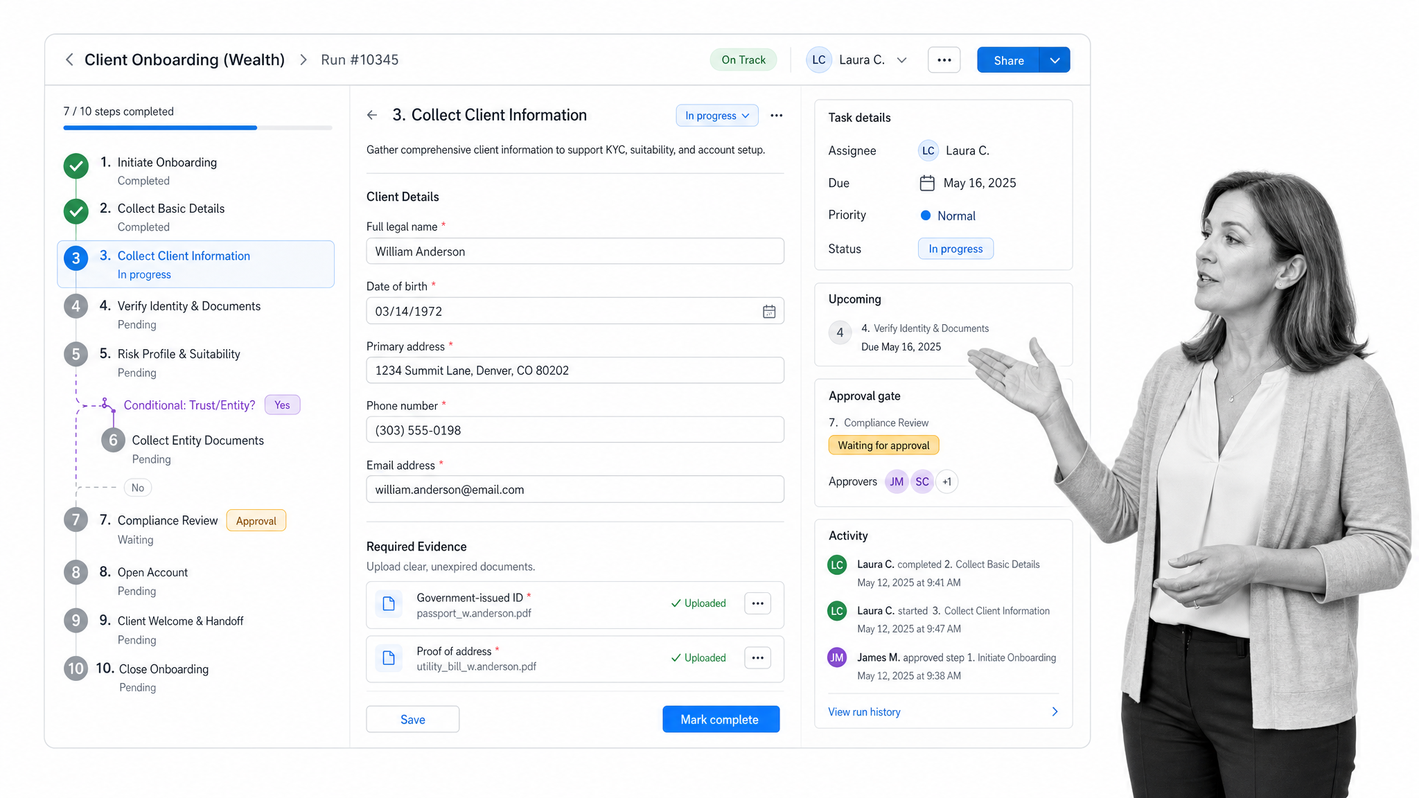 Process Street workflow run for wealth client onboarding with a task checklist and approval step